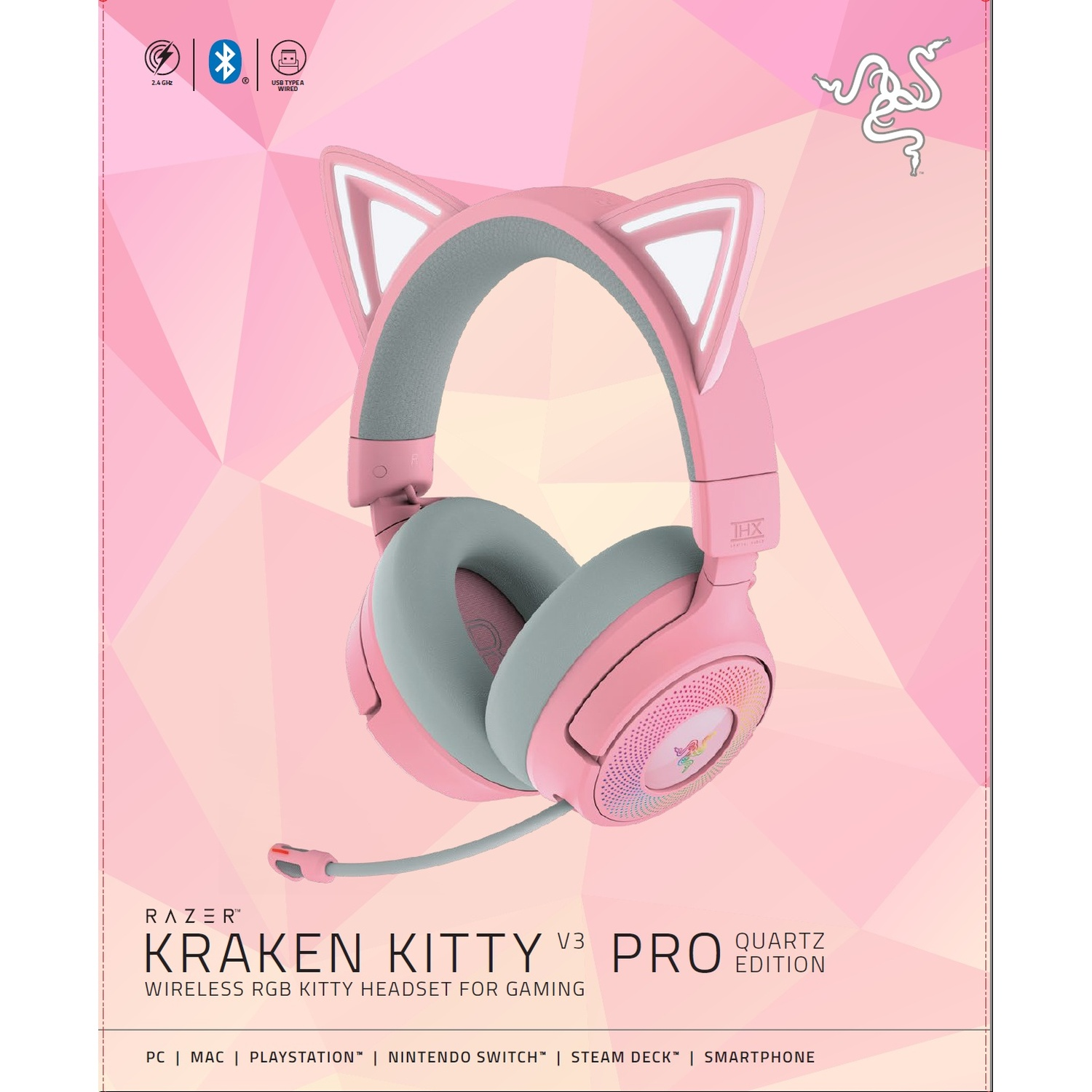 Casque de jeu Razer Kraken Kitty V3 Pro rose. Oreilles de chat, coussinets gris et micro rétractable.