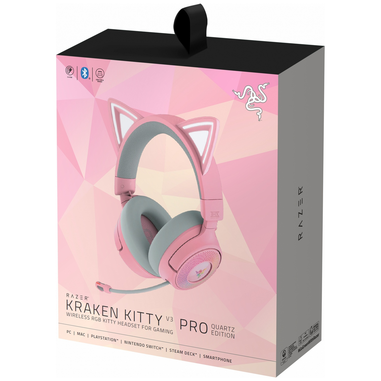 Boîte de casque Razer Kraken Kitty V3 Pro rose. La boîte affiche le casque avec des oreilles de chat. La boîte a un dessus noir et le logo Razer.