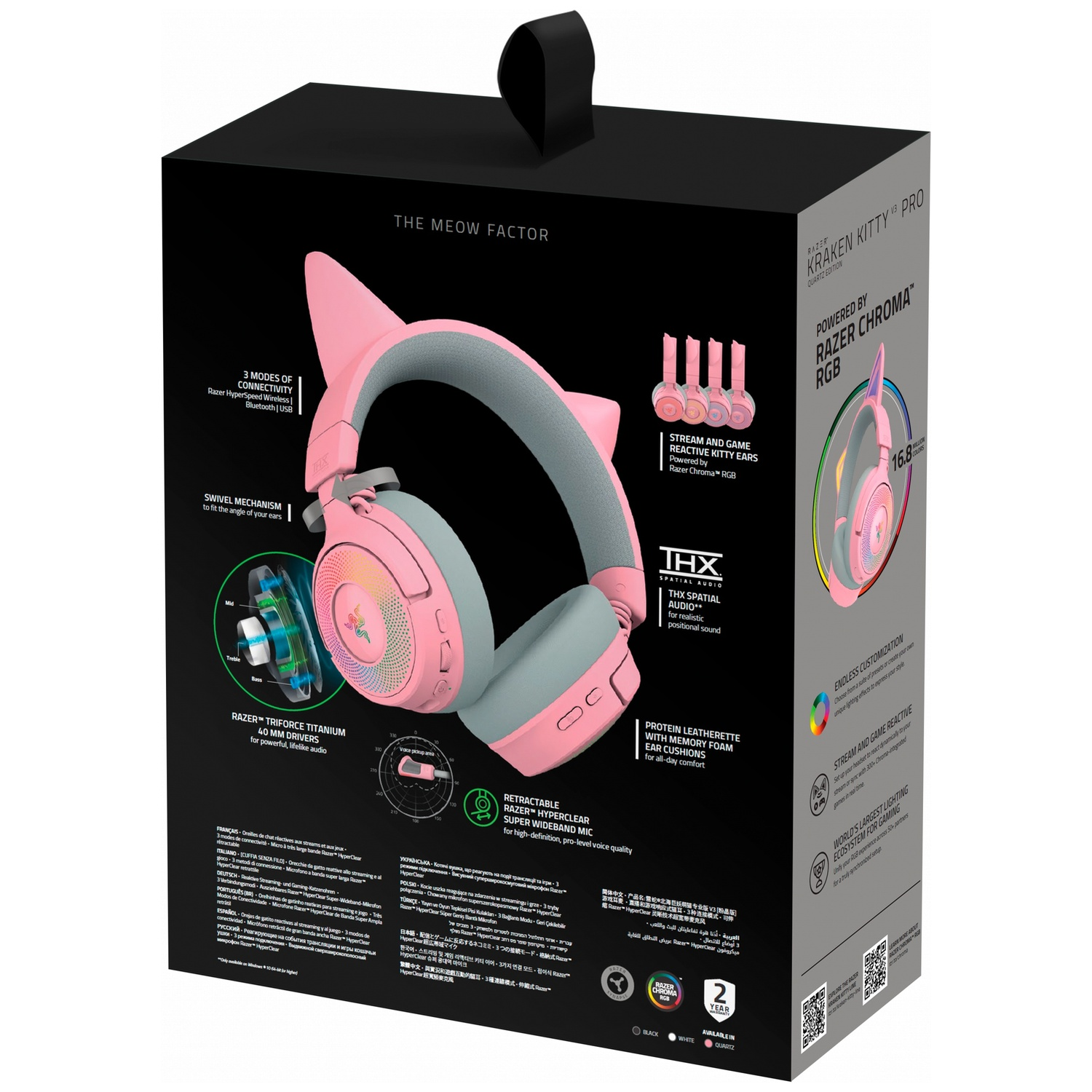 Boîte du casque rose Razer Kraken Kitty Pro. Il a des oreilles de chat et des détails du produit.