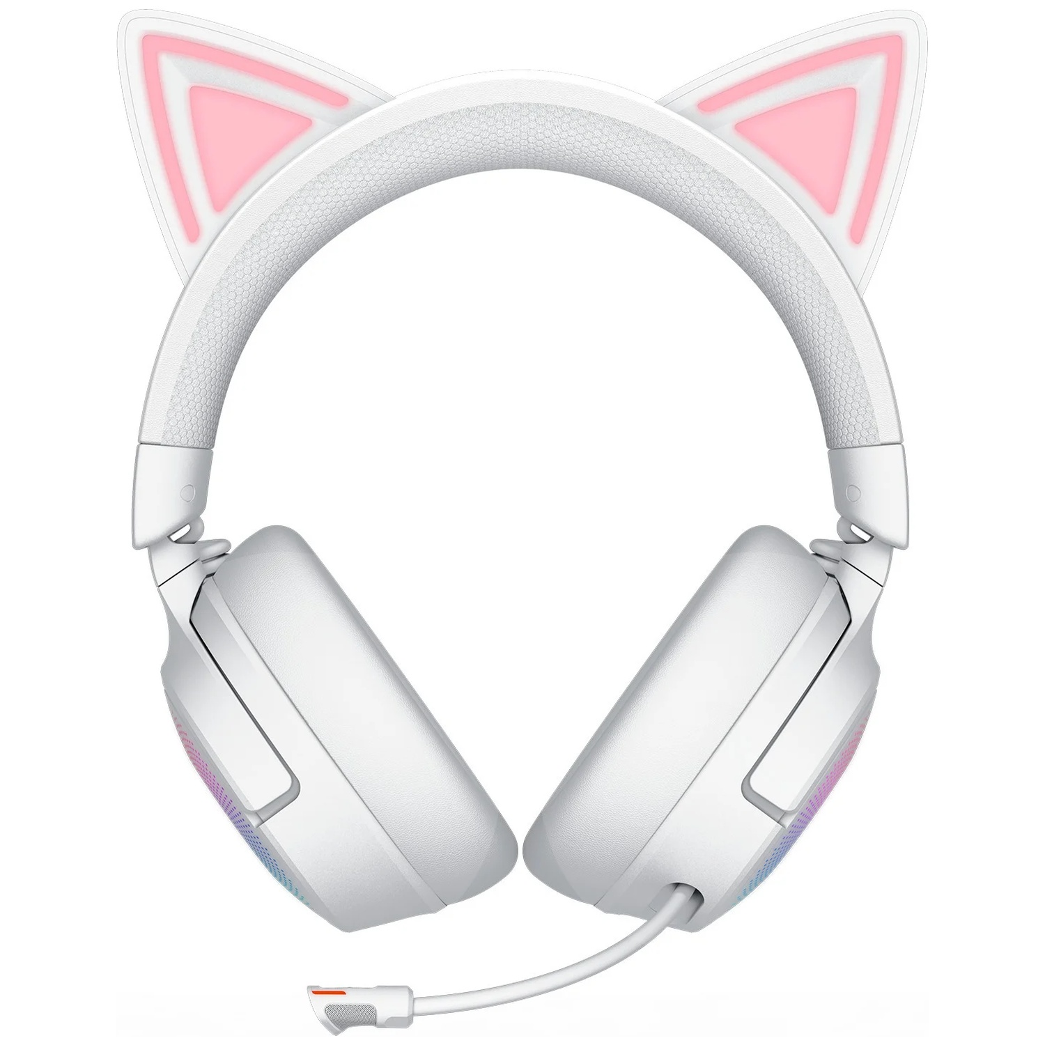 Casque blanc avec oreilles de chat roses. Comprend un microphone et des écouteurs. Sur fond blanc.