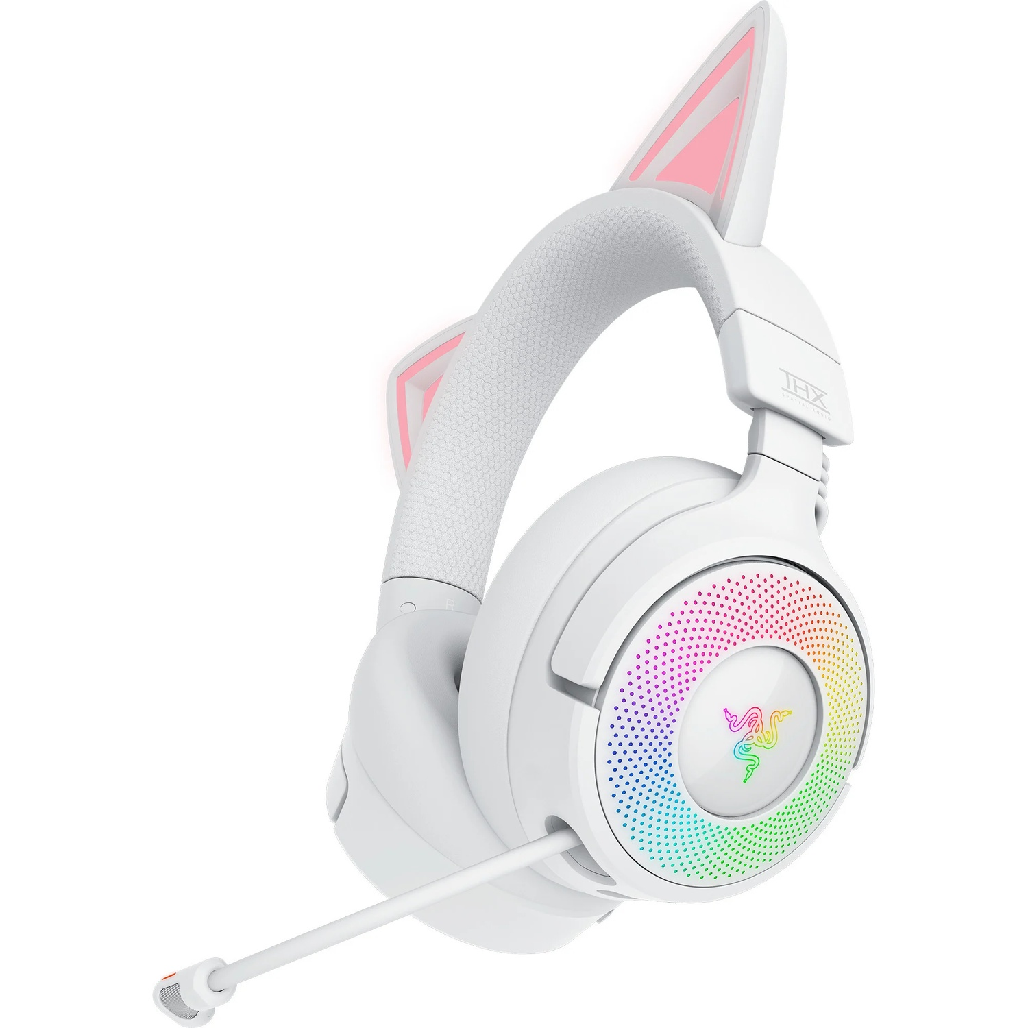 Casque blanc oreilles de chat avec éclairage RGB sur les oreillettes, logo Razer et micro détachable, sur fond blanc.