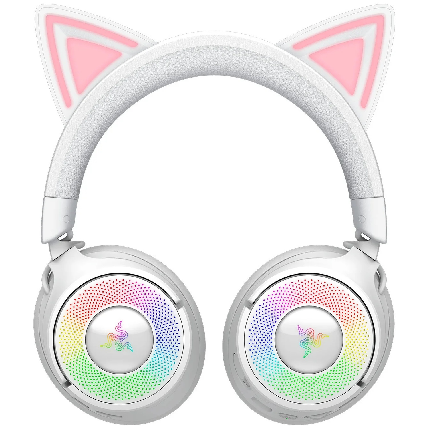 Casque blanc avec oreilles de chat et lumières arc-en-ciel. Accents roses sur oreilles et logo Razer.