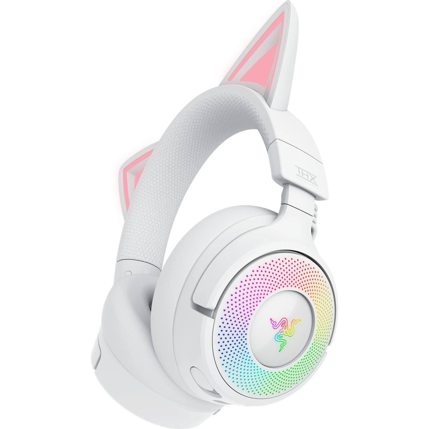 Casque de jeu blanc avec oreilles de chat, lumières arc-en-ciel et logo Razer.