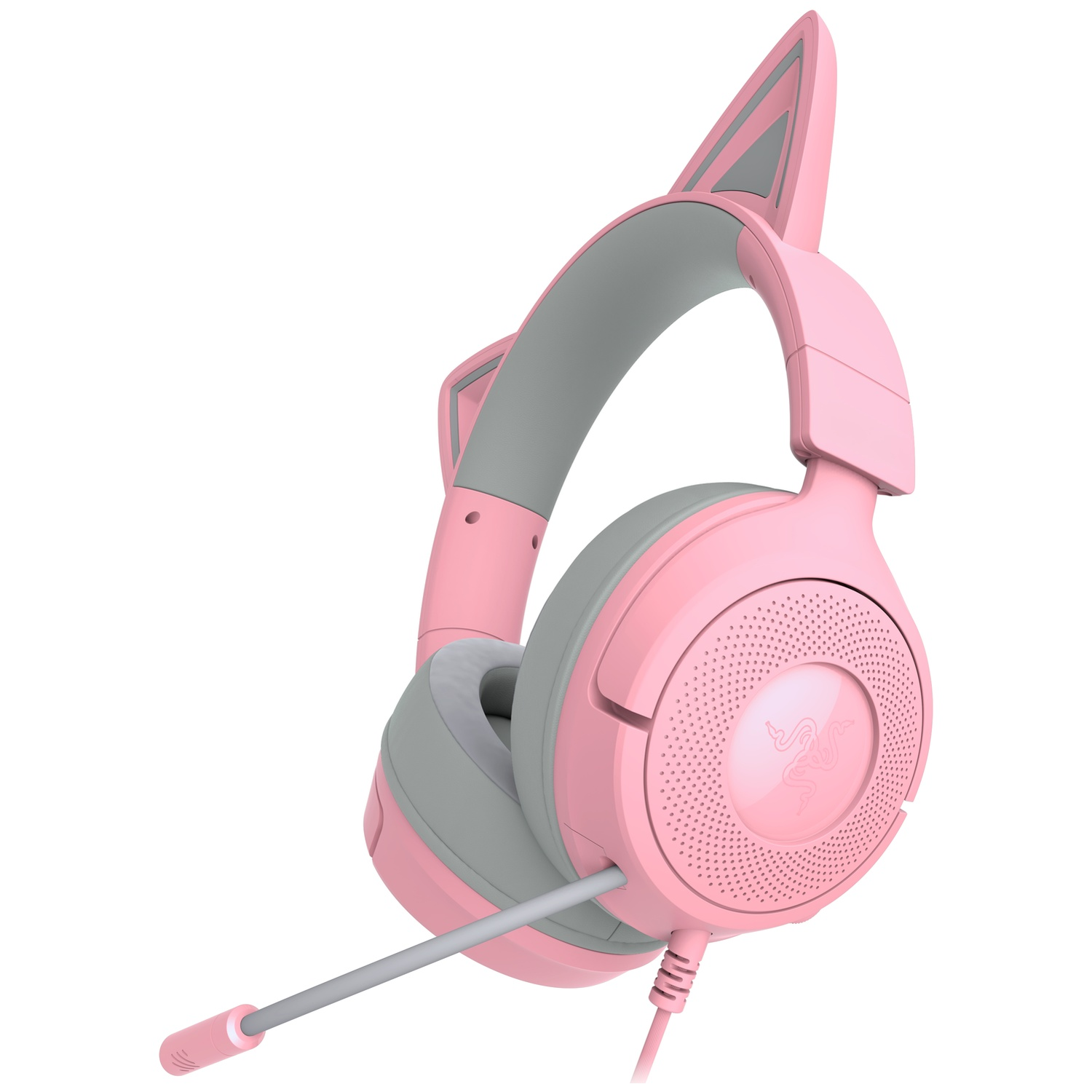 Pink and gray cat ear headphones with a microphone. The Razer logo is visible on the ear cup. White background.