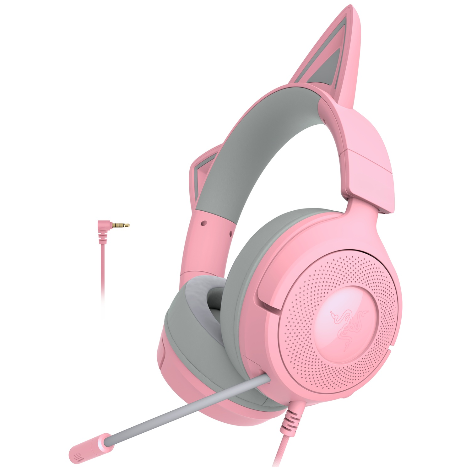 Pink cat ear headphones with gray accents and a detachable microphone. The cable is connected to a 3.5mm jack.