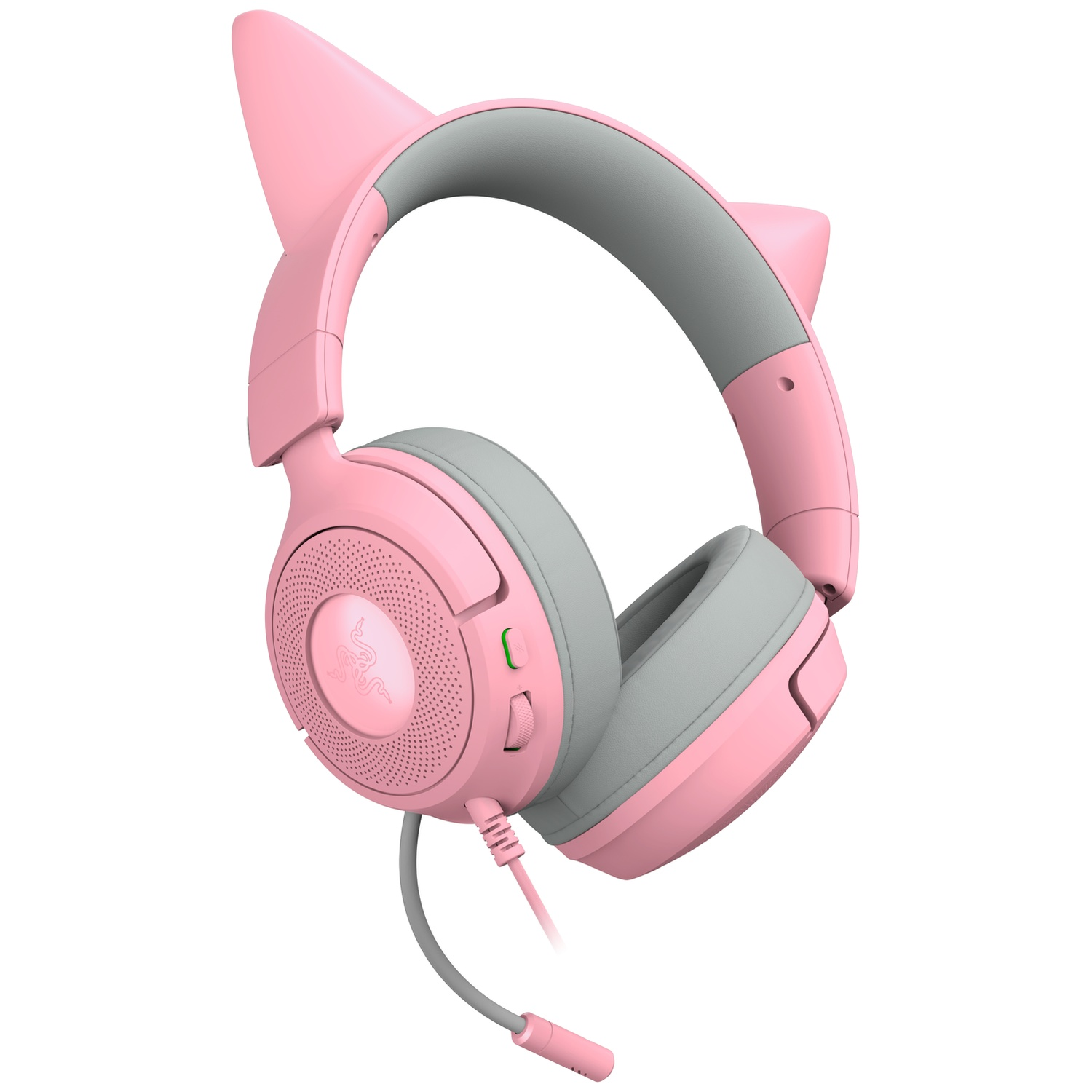 Pink and gray cat ear headphones. Features include a microphone, ear cups, and a headband. The Razer logo is visible on the ear cup.