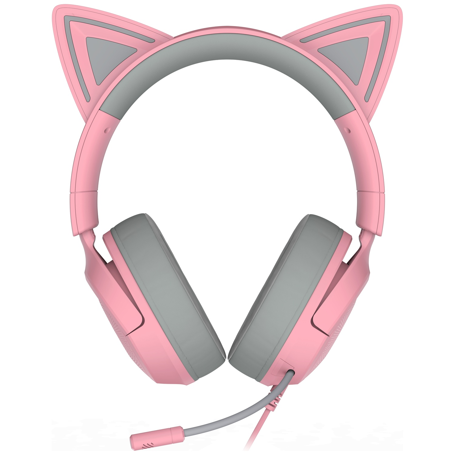 Pink cat ear headphones with gray accents. Earpads, headband, and ears are pink. Gray padding on headband and earcups. Mic attached.