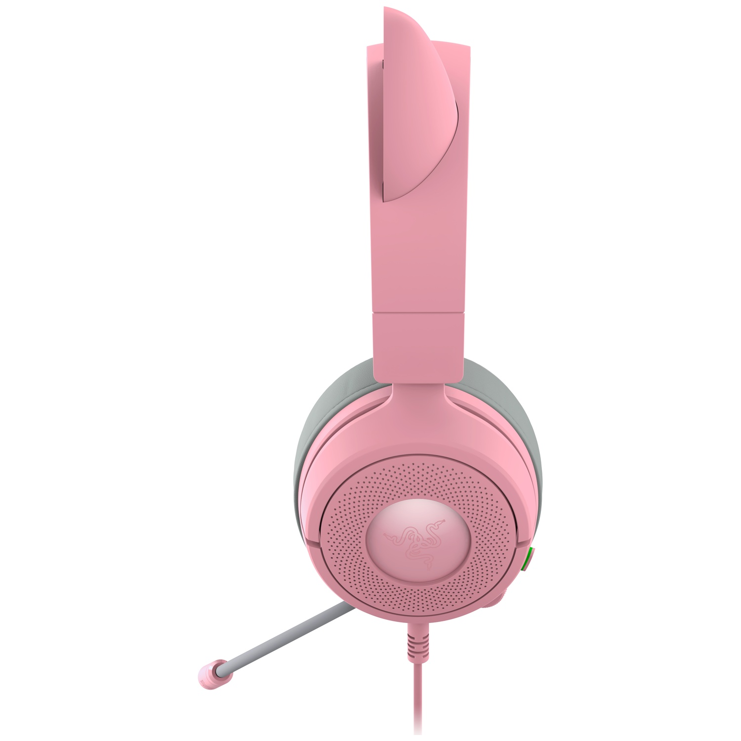 Pink Razer gaming headset with cat ears and a microphone. Gray earcups and a white background.