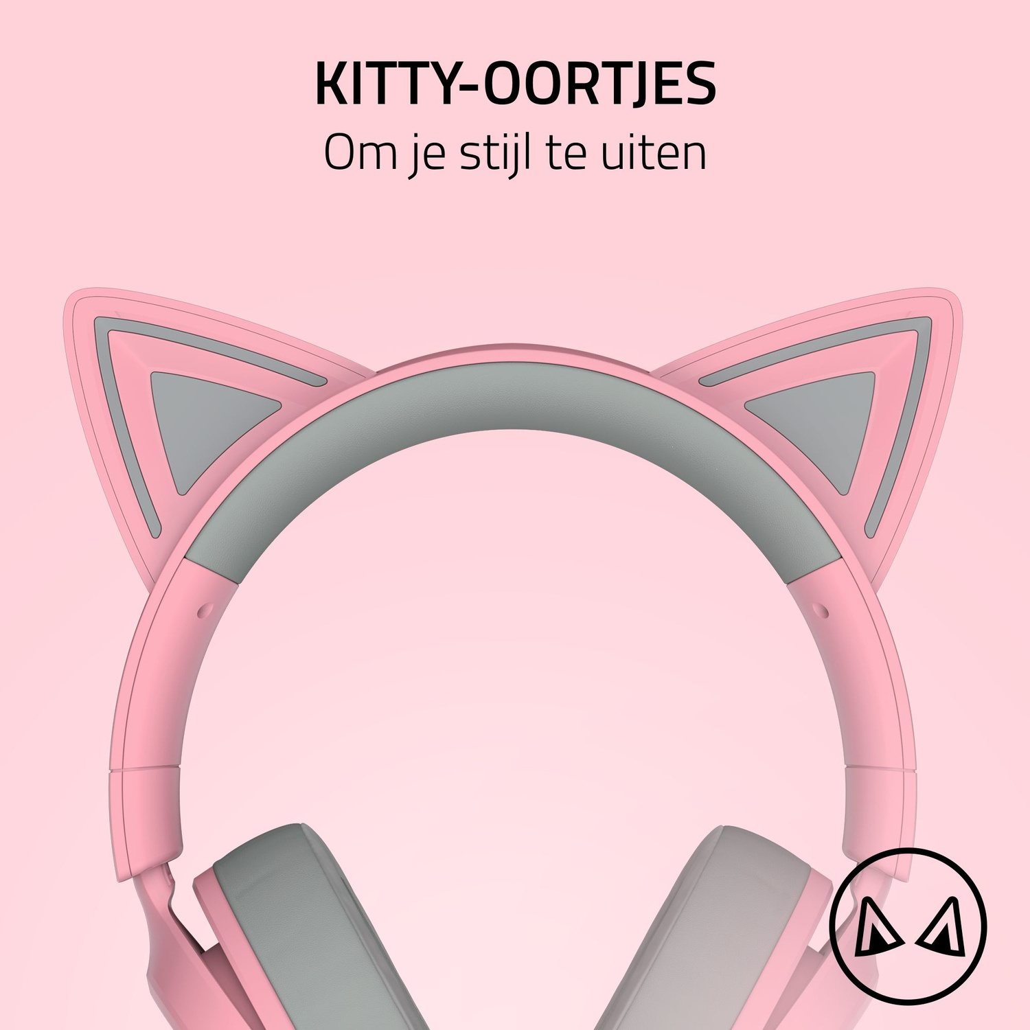 Pink and gray cat ear headphones on a pink background. Text at the top reads "KITTY-OORTJES".