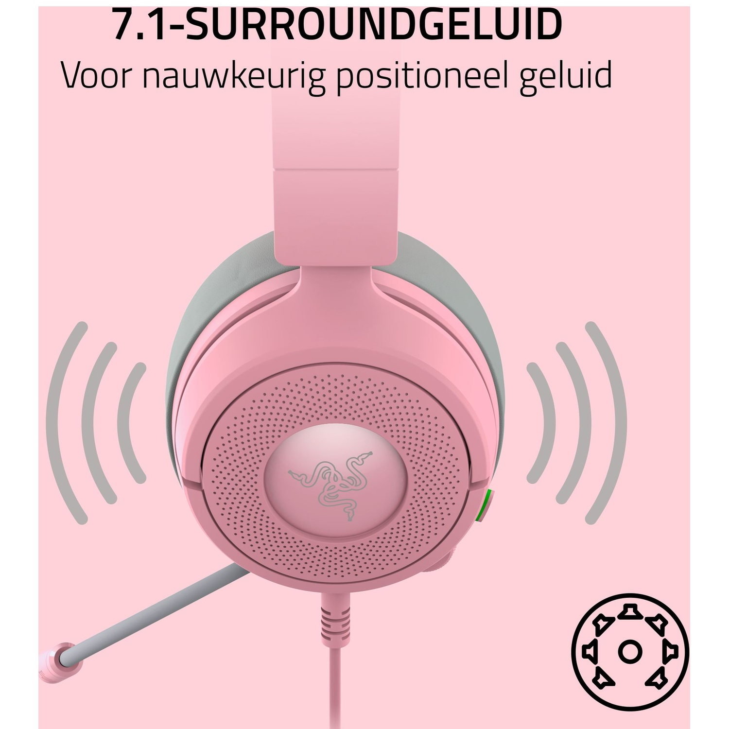 Pink headset with grey accents. Sound waves emanate. Razer logo visible. Text: 7.1-SURROUNDGELUID. Voor nauwkeurig positioneel geluid.