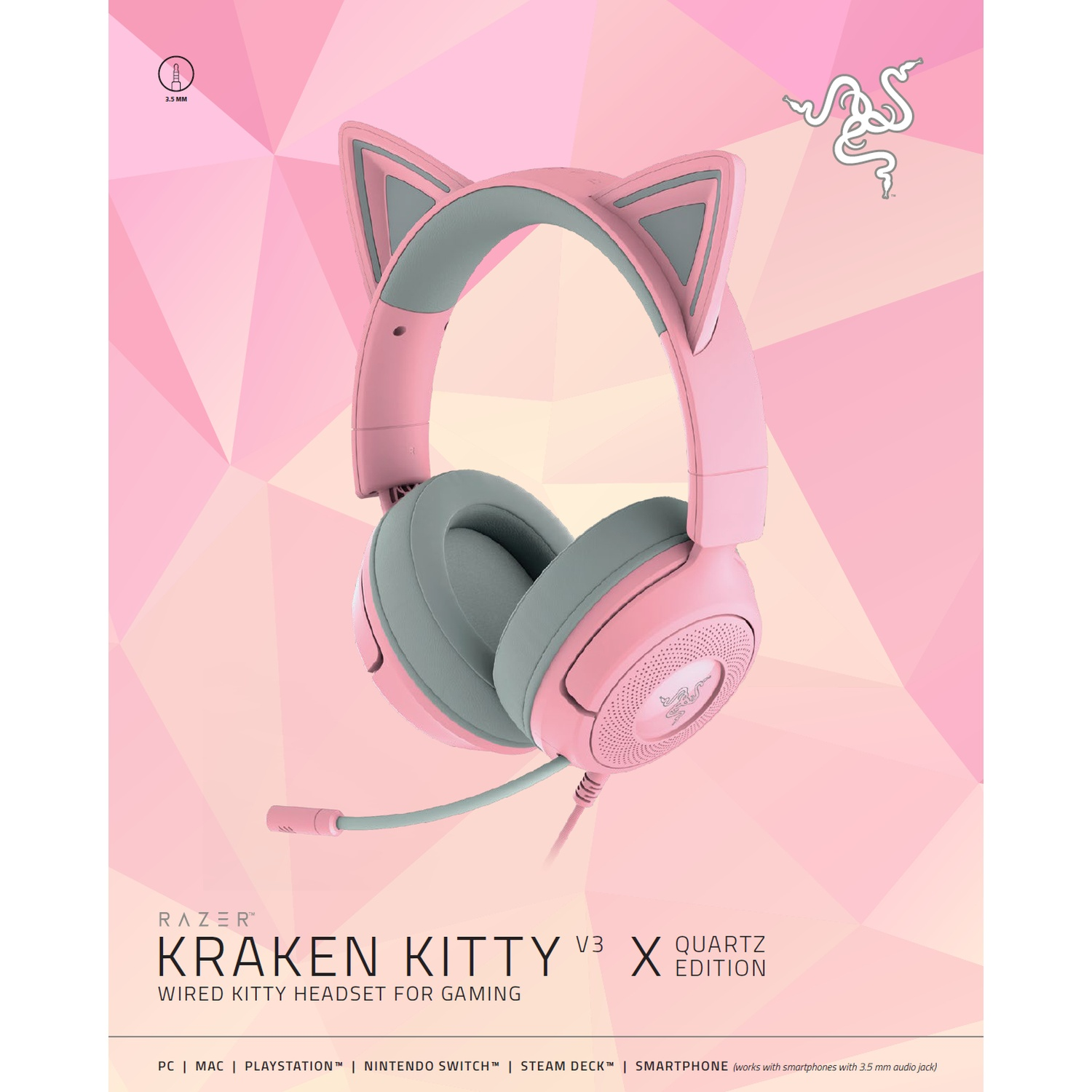 Pink Razer Kraken Kitty V3 Quartz Edition headset with cat ears. Gray earcups and accents. Microphone on the left earcup.
