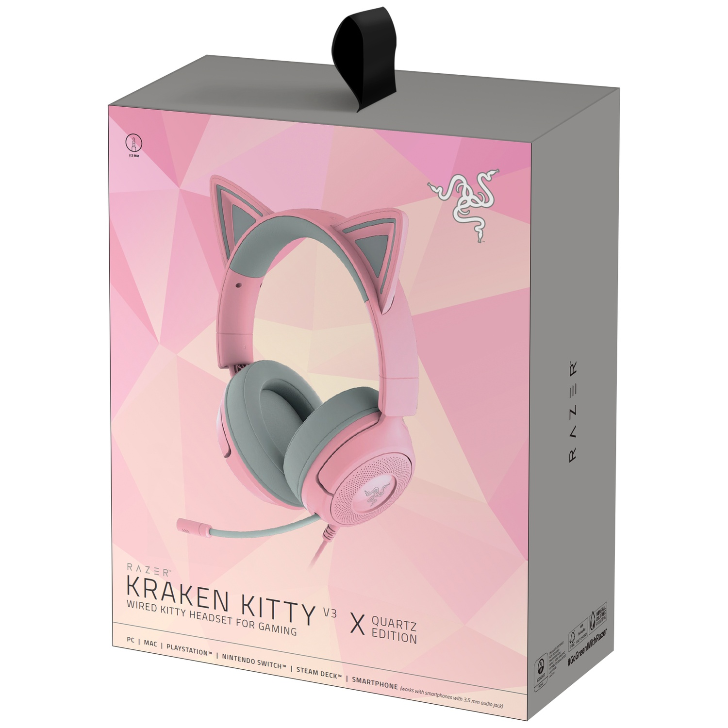 Pink Razer Kraken Kitty V3 headset in a box. Features cat ear design. The box is pink and gray with Razer branding.