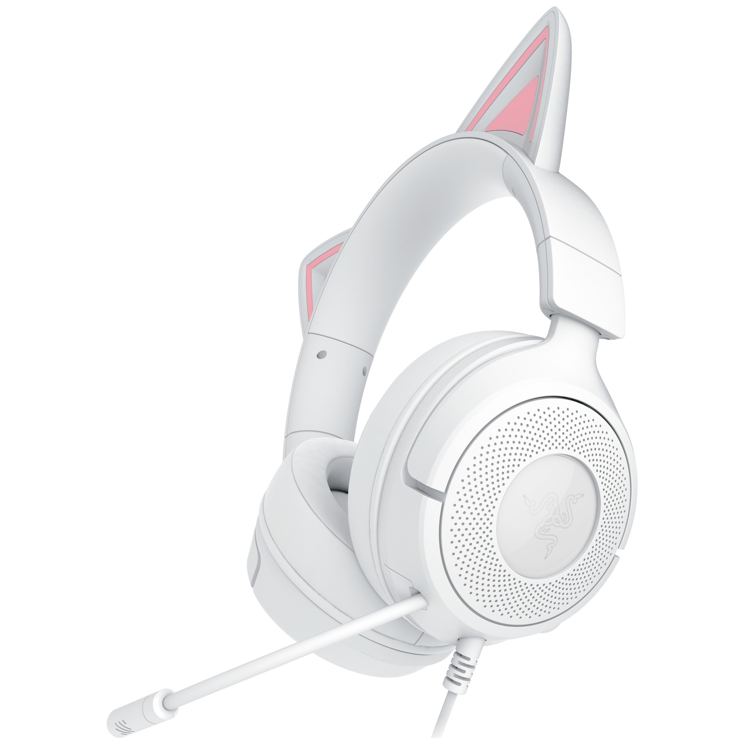 White cat ear headphones with pink accents. Features a microphone and Razer logo. Set against a white background.