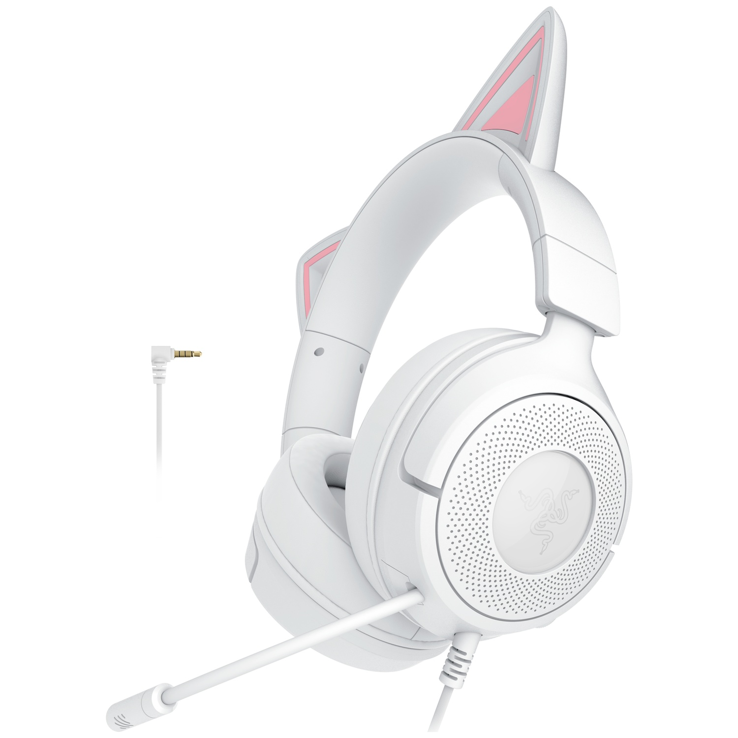 White headset with cat ears and a microphone. Pink accents inside the ears. Razer logo on the earcups. A white cable is visible.