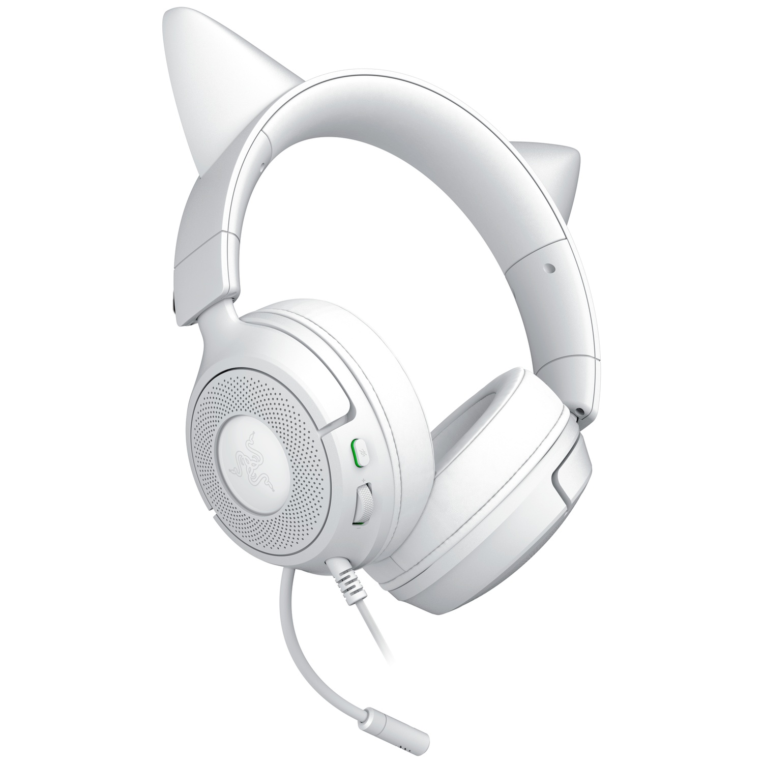 White cat ear headphones with a microphone. The headphones feature a Razer logo and controls. The background is white.