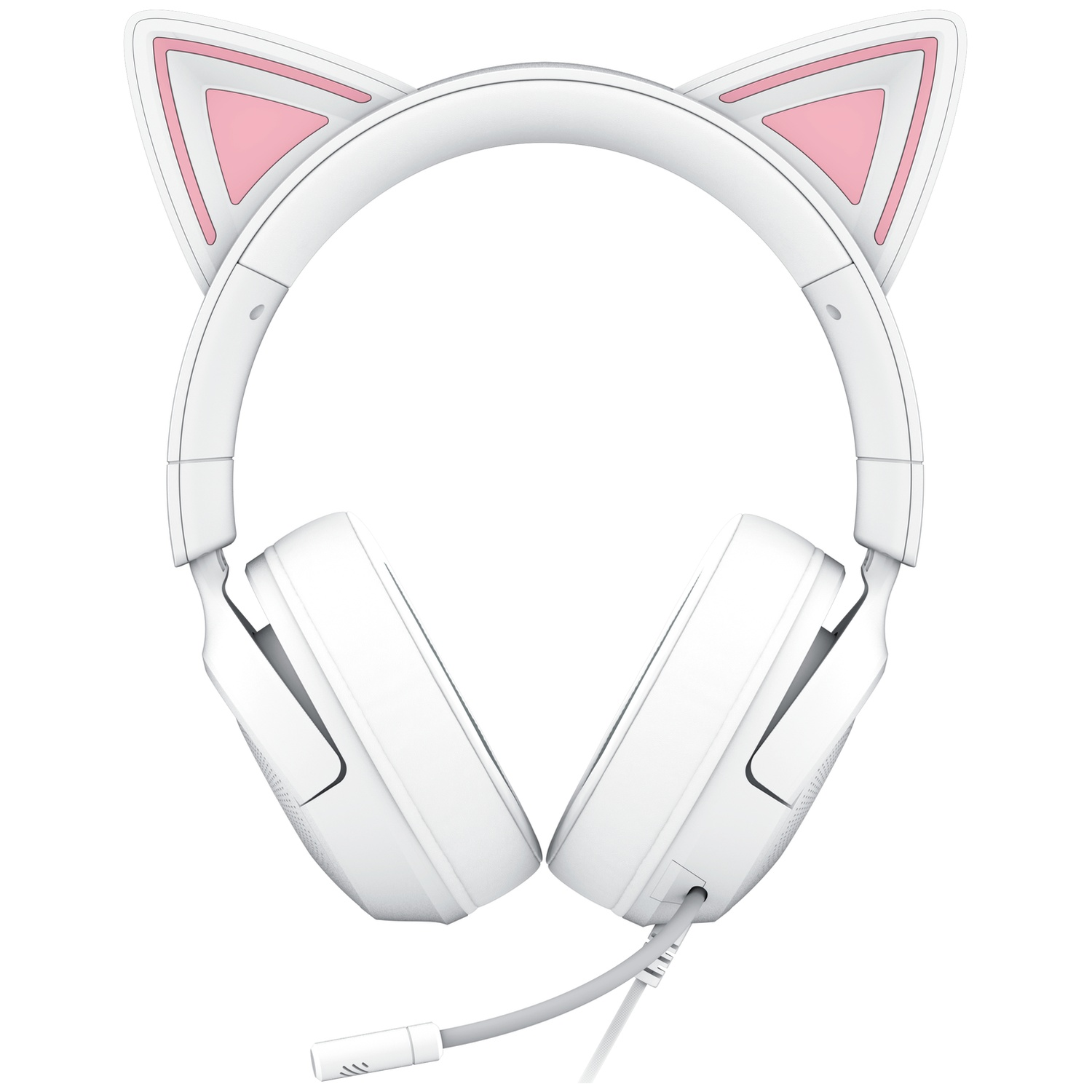 White headset with cat ears, pink inside. A gray microphone extends from the left earcup. White background.