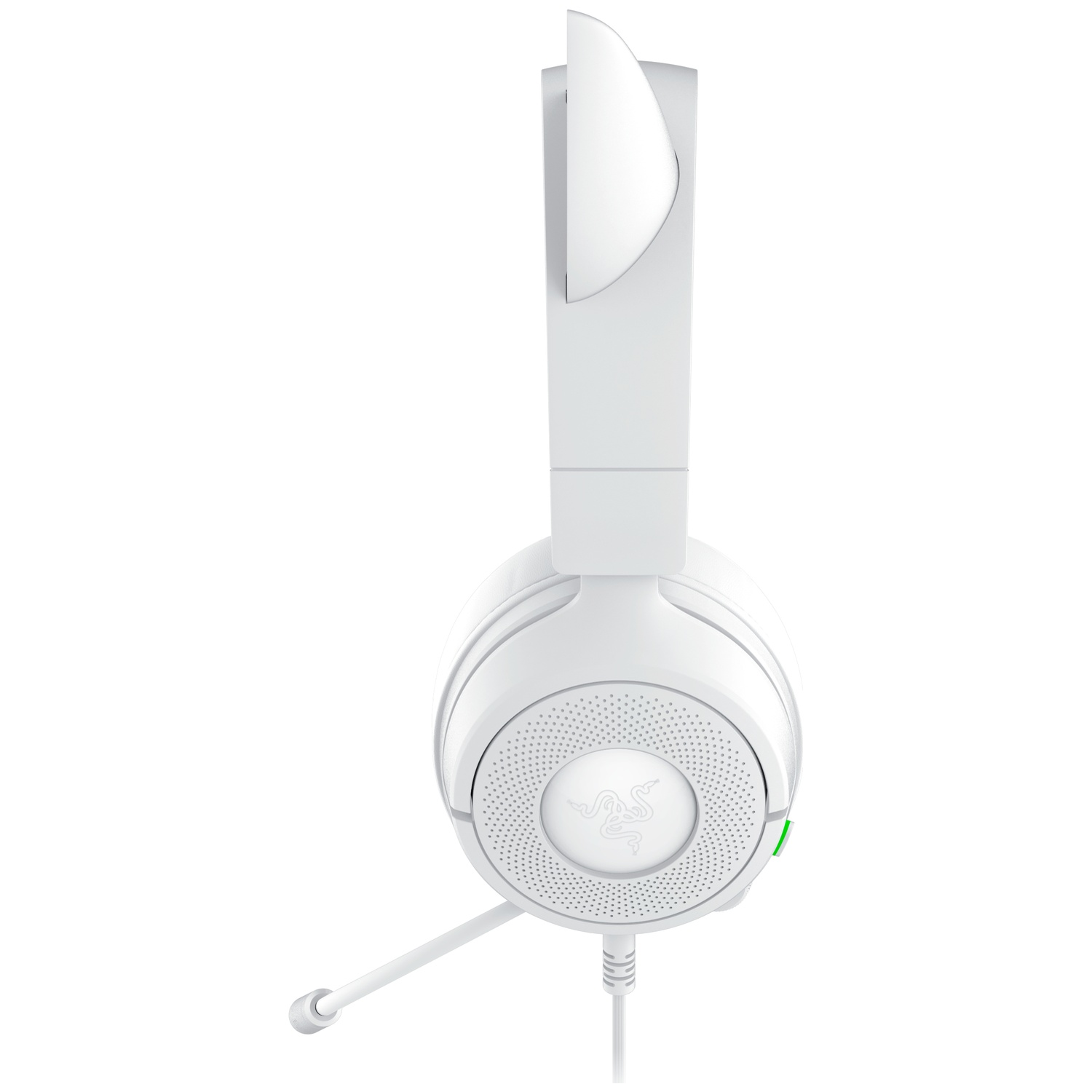 A white gaming headset. It has a Razer logo, a microphone, and a green power indicator. The background is plain white.