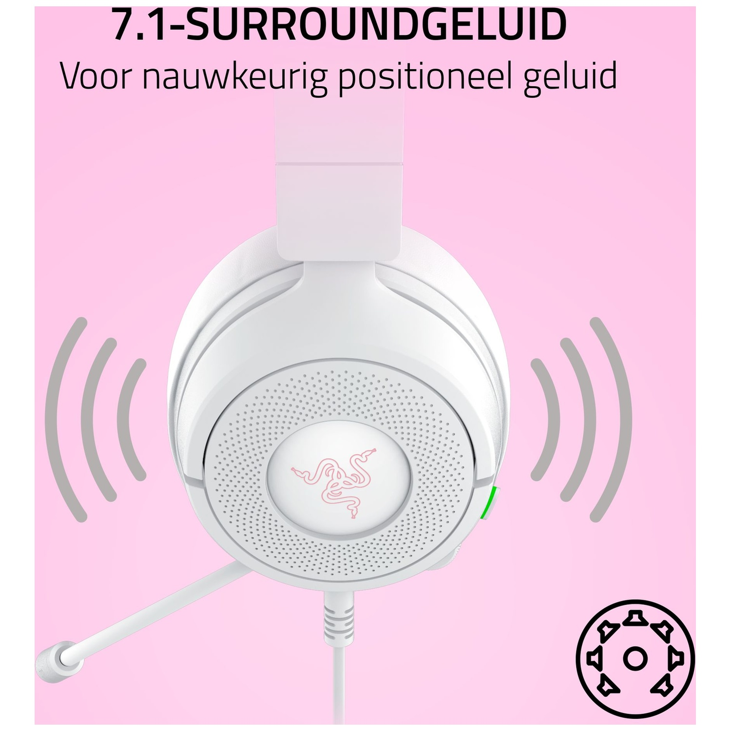 White gaming headset with microphone. Pink Razer logo on the ear cup. Sound waves are depicted around the headset. Pink background.