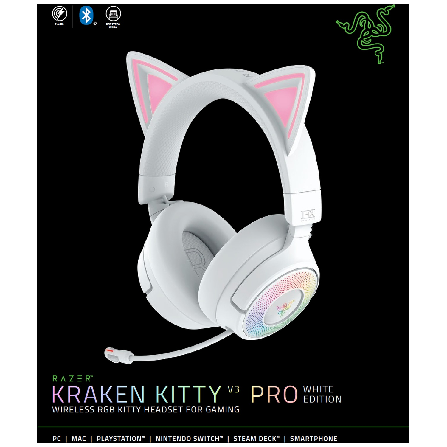 White Razer Kraken Kitty V3 Pro headset. Cat ear design with pink accents. Includes a microphone. Black background with logos and text.