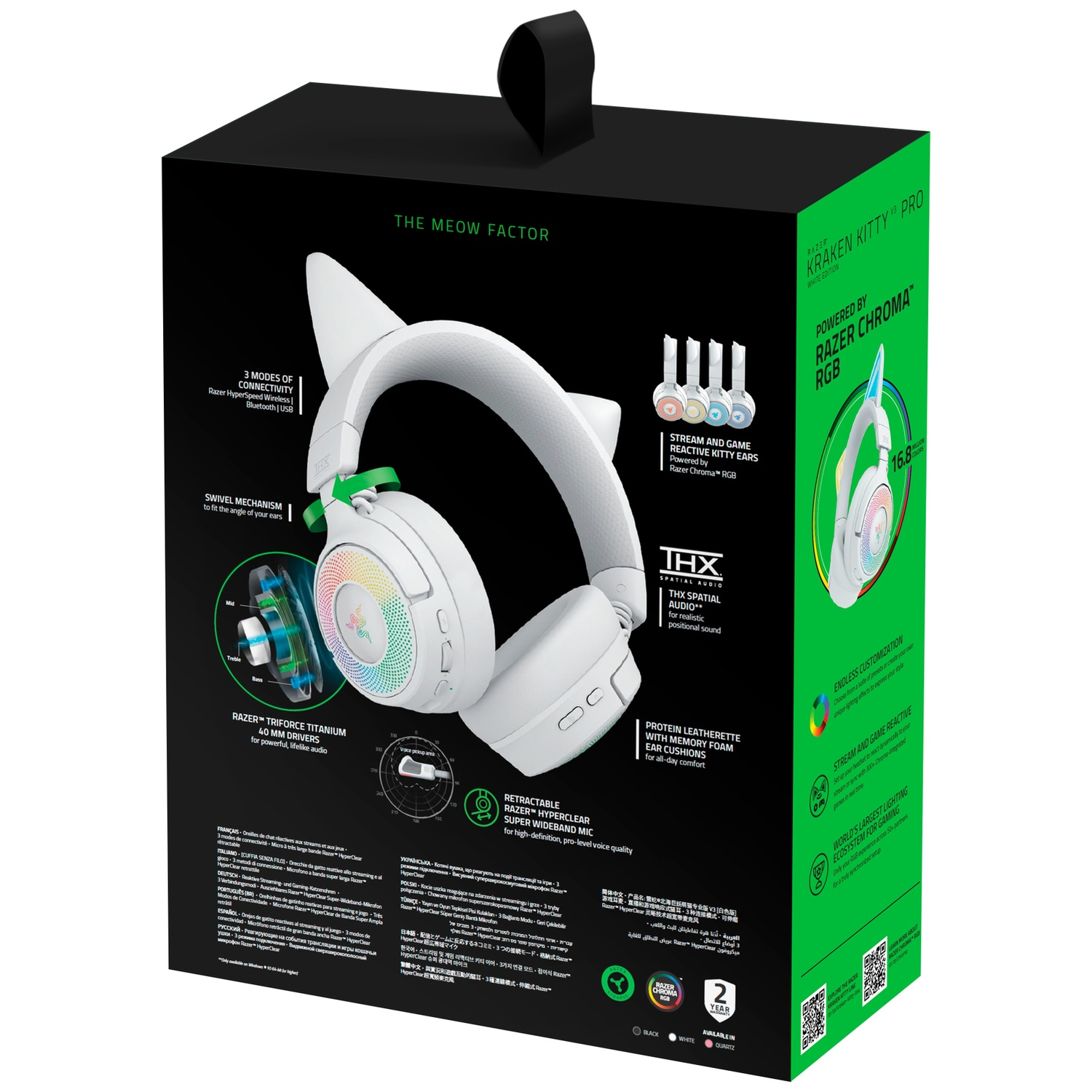 White Razer Kraken Kitty Pro headset box with cat ears, product details, and Razer Chroma RGB.