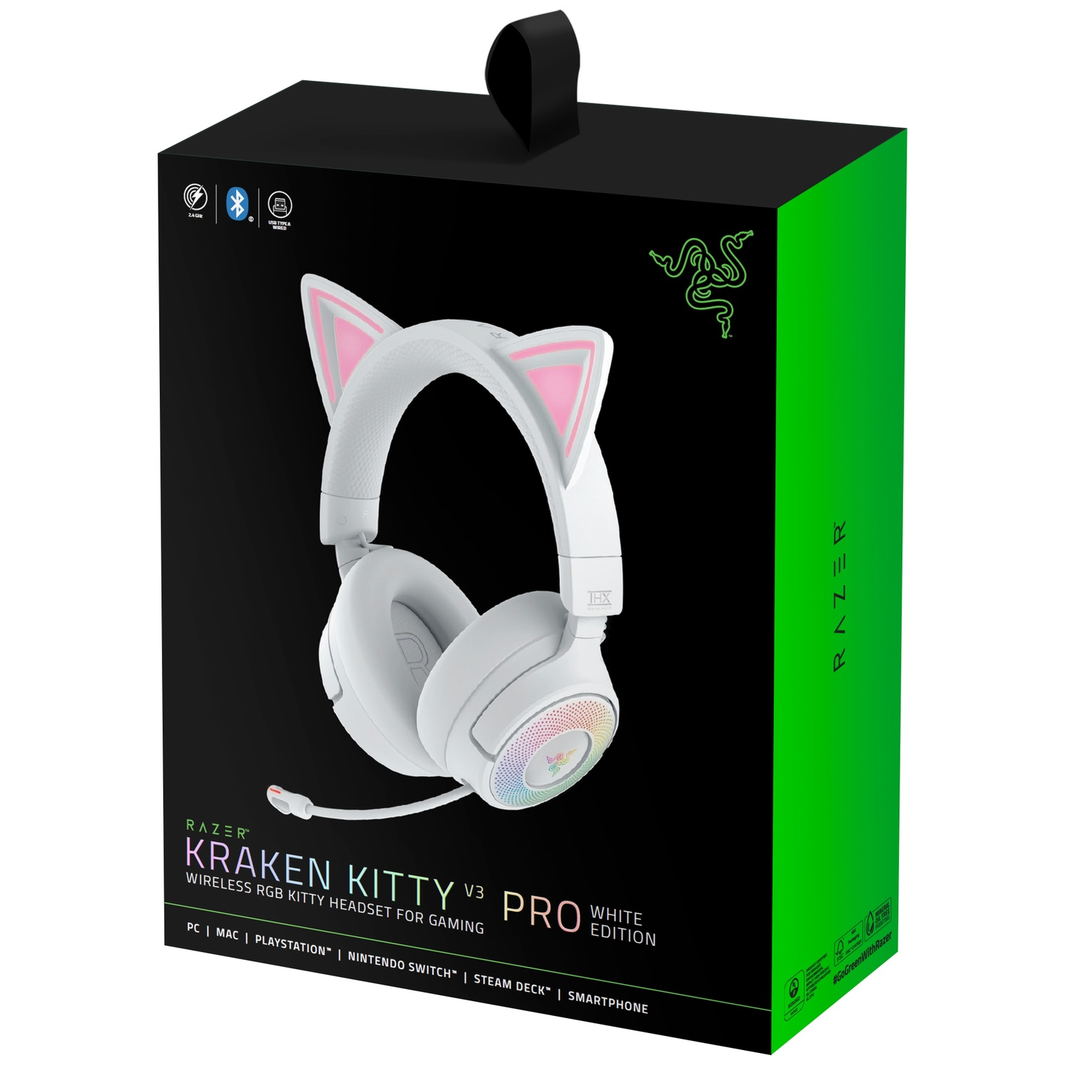 White Razer Kraken Kitty V3 Pro headset in its box. The headset has cat ears. The box is black and green, with Razer logo.