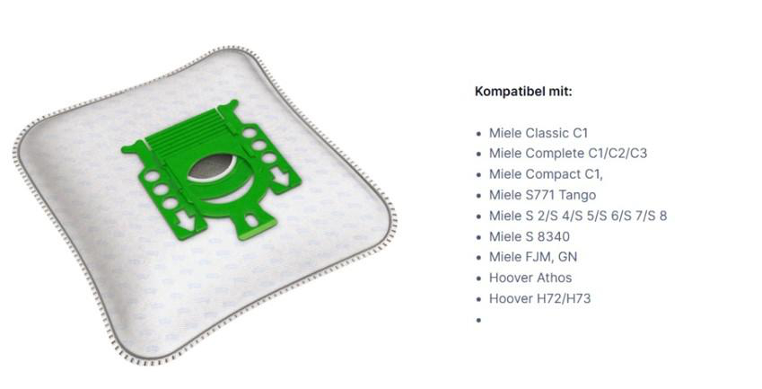 Staubsaugerbeutel mit grünem Kunststoffaufsatz. Text auf der rechten Seite listet kompatible Modelle. Weißer Hintergrund.