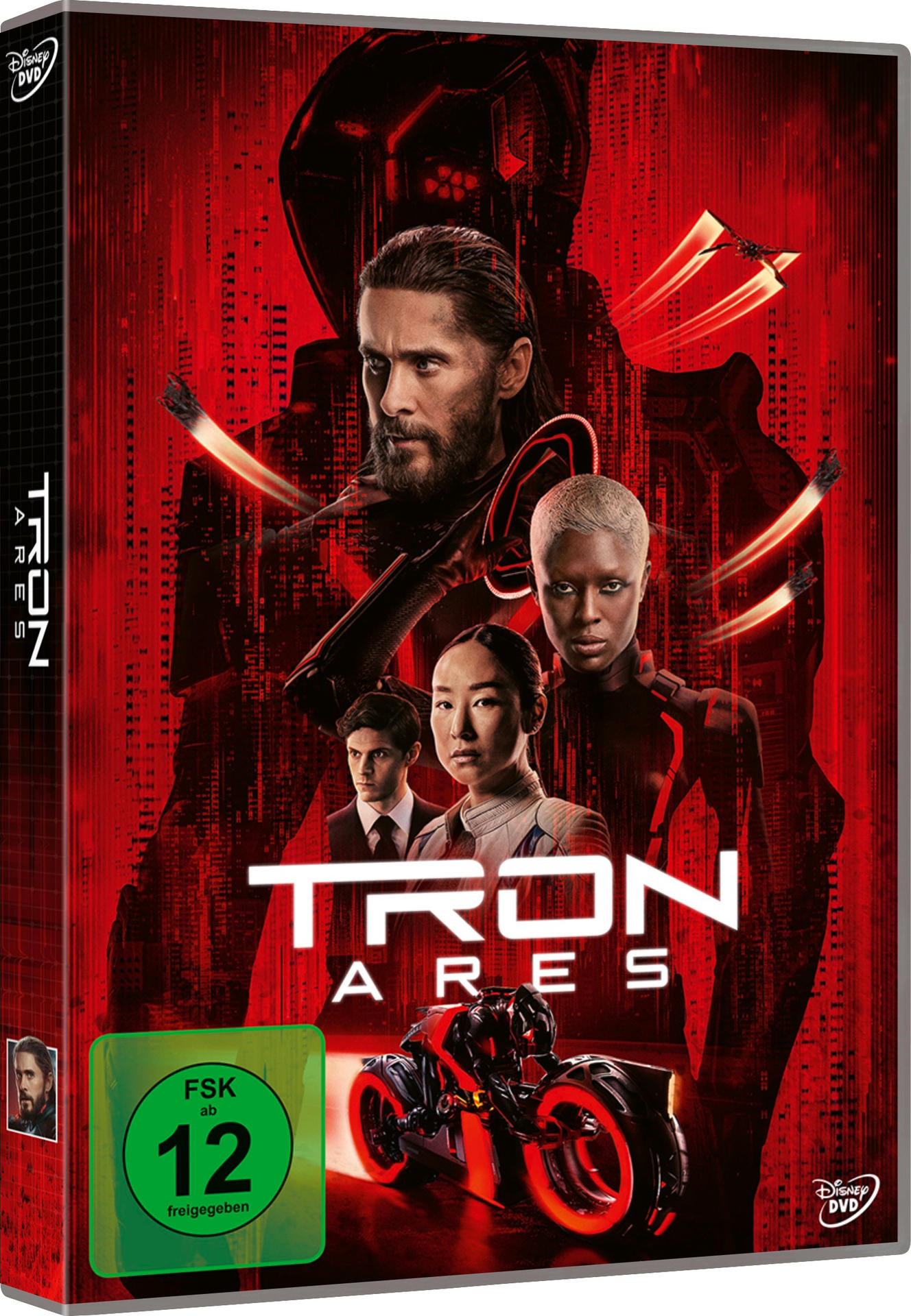 DVD-Cover für Tron Ares. Mit Schauspielern, einem futuristischen Motorrad und rotem digitalem Hintergrund. Grüne FSK-12-Bewertung.