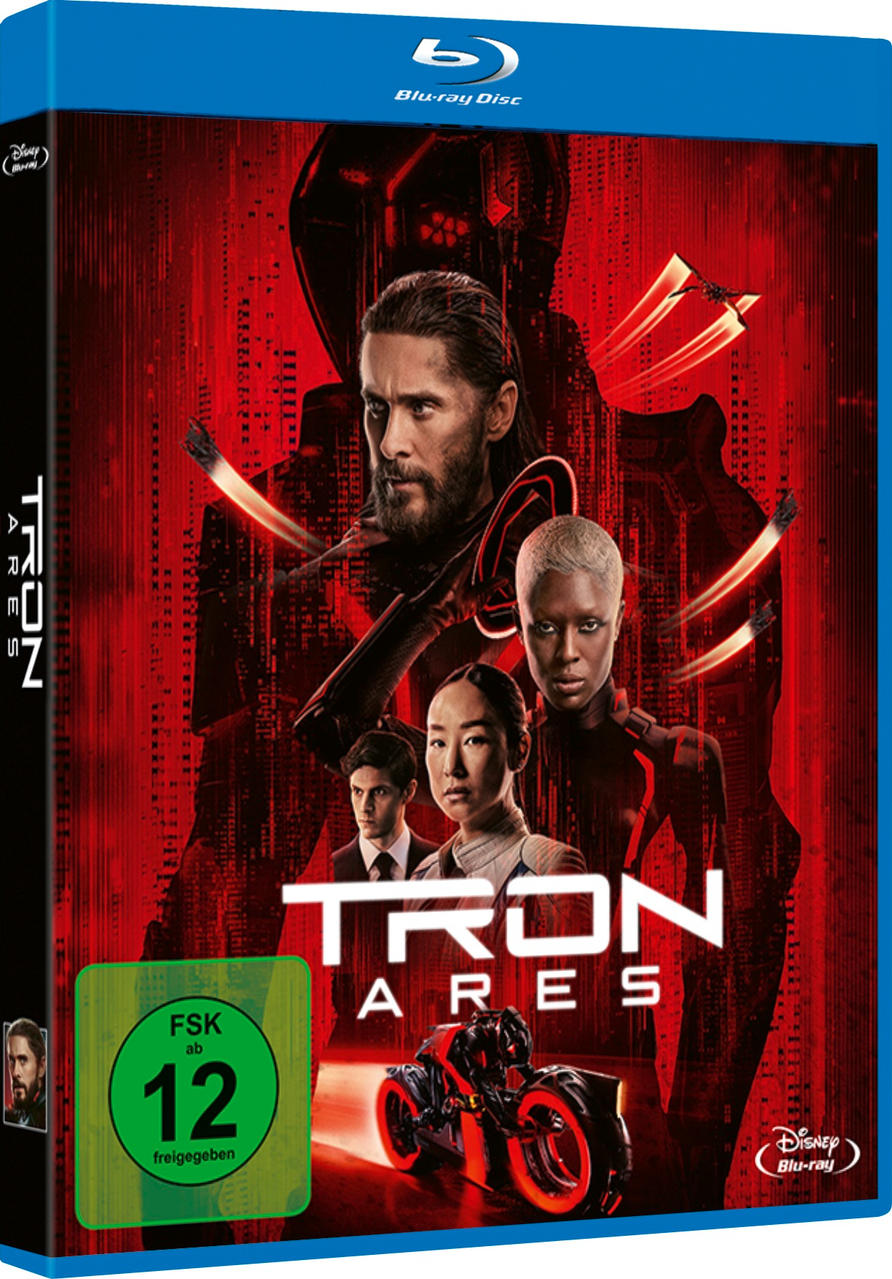 Blu-ray-Cover mit Schauspielern aus Tron Ares, roter Hintergrund, Tron-Logo und ein Lightcycle.