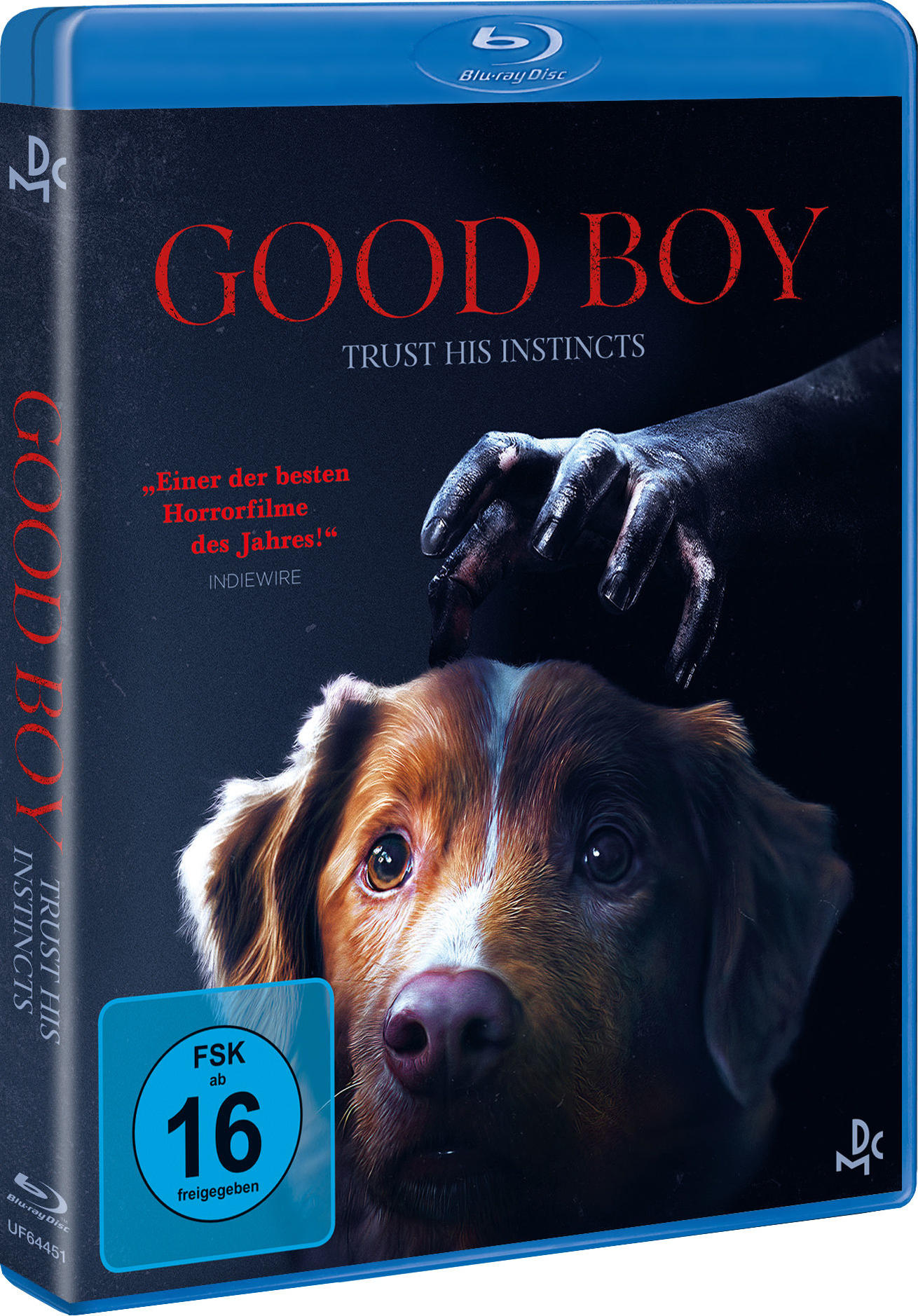 Blu-ray-Cover: Hund mit dunkler Hand darüber. Titel 'GOOD BOY'. Bewertung 'FSK ab 16'. Zitat: 'bester Horrorfilm des Jahres!'