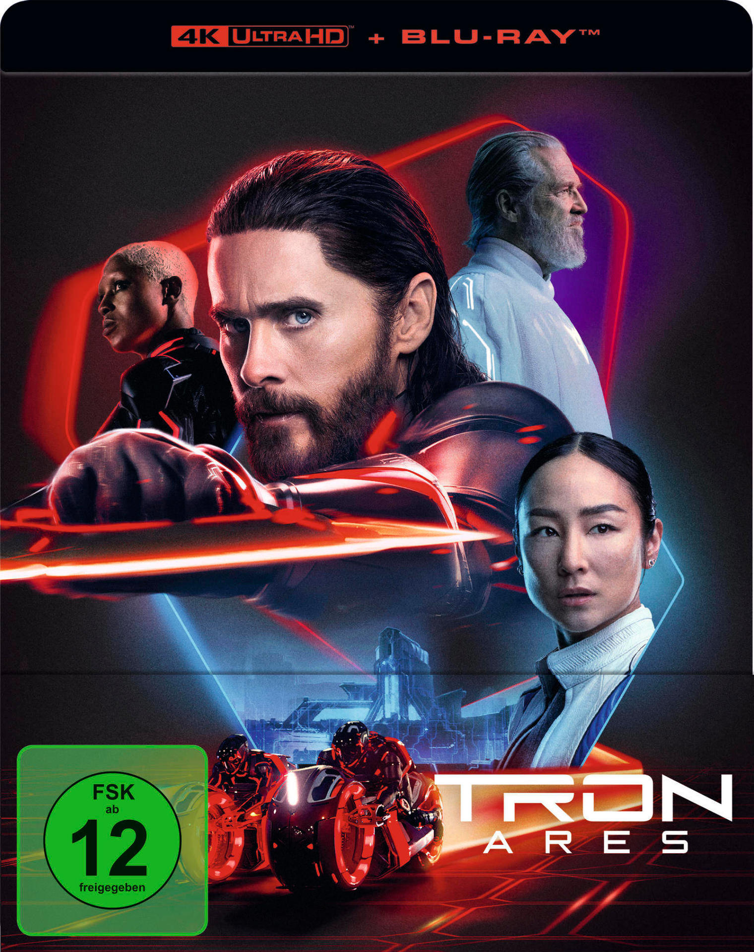 Filmcover für Tron: Ares. Mit Jared Leto, anderen Schauspielern und Neon-Lichtzyklen. Blu-ray und 4K Ultra HD.