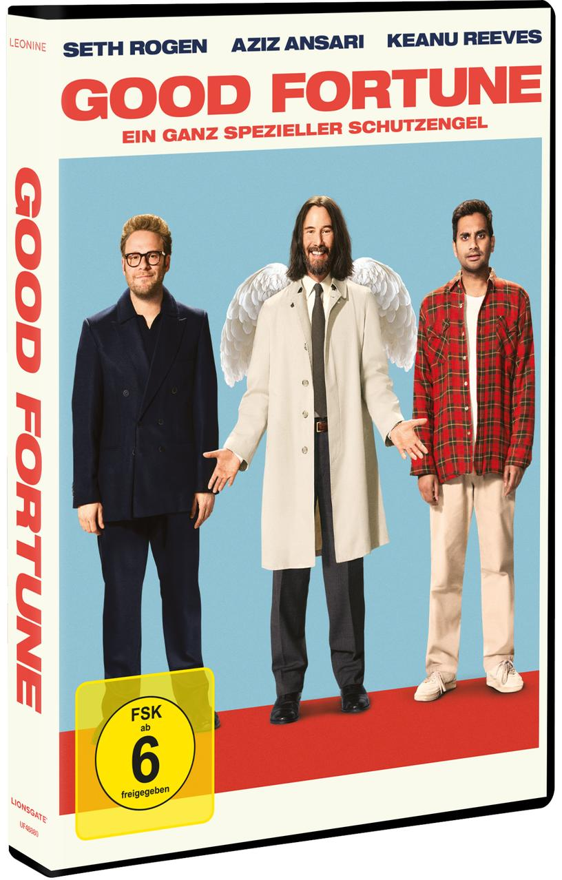 Filmposter für 'Good Fortune' mit Seth Rogen, Keanu Reeves und Aziz Ansari. Keanu hat Flügel. Text enthält Titel und Bewertung.