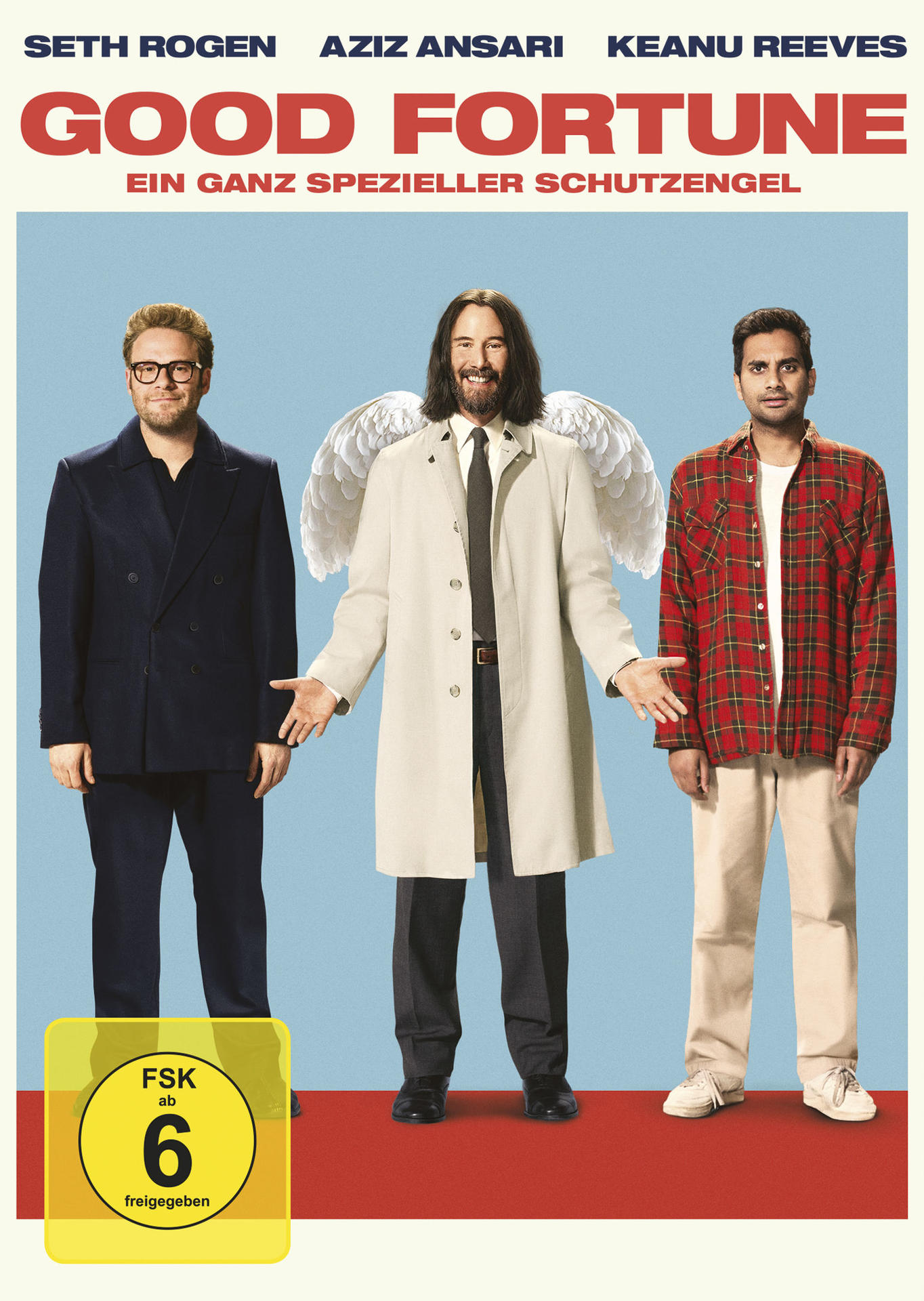 Filmplakat für Good Fortune. Seth Rogen, Keanu Reeves und Aziz Ansari stehen vor blauem und rotem Hintergrund.