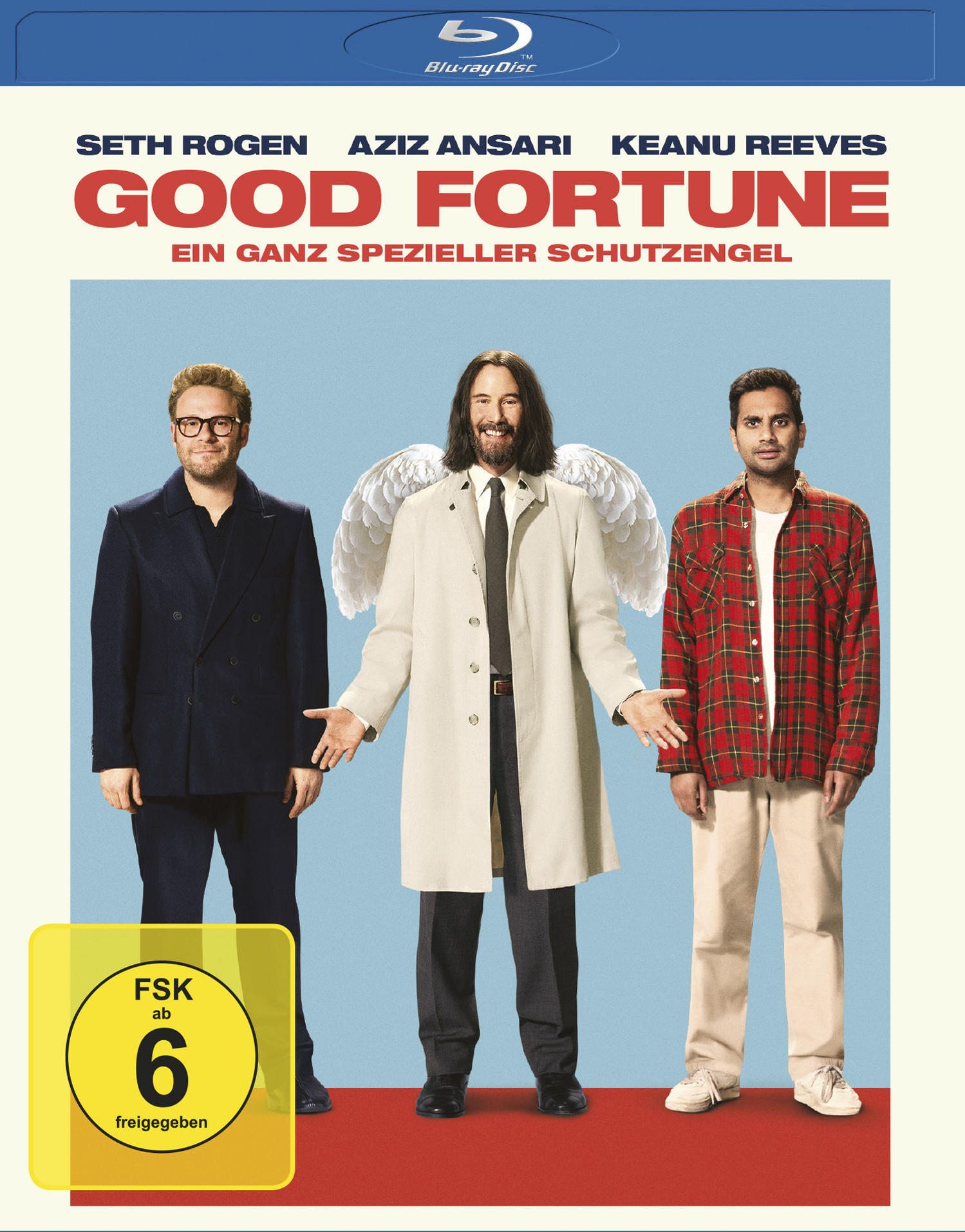 Filmplakat mit drei Schauspielern; Seth Rogen, Aziz Ansari und Keanu Reeves. Titel: Good Fortune. Hintergrund ist blau mit roten und gelben Elementen.