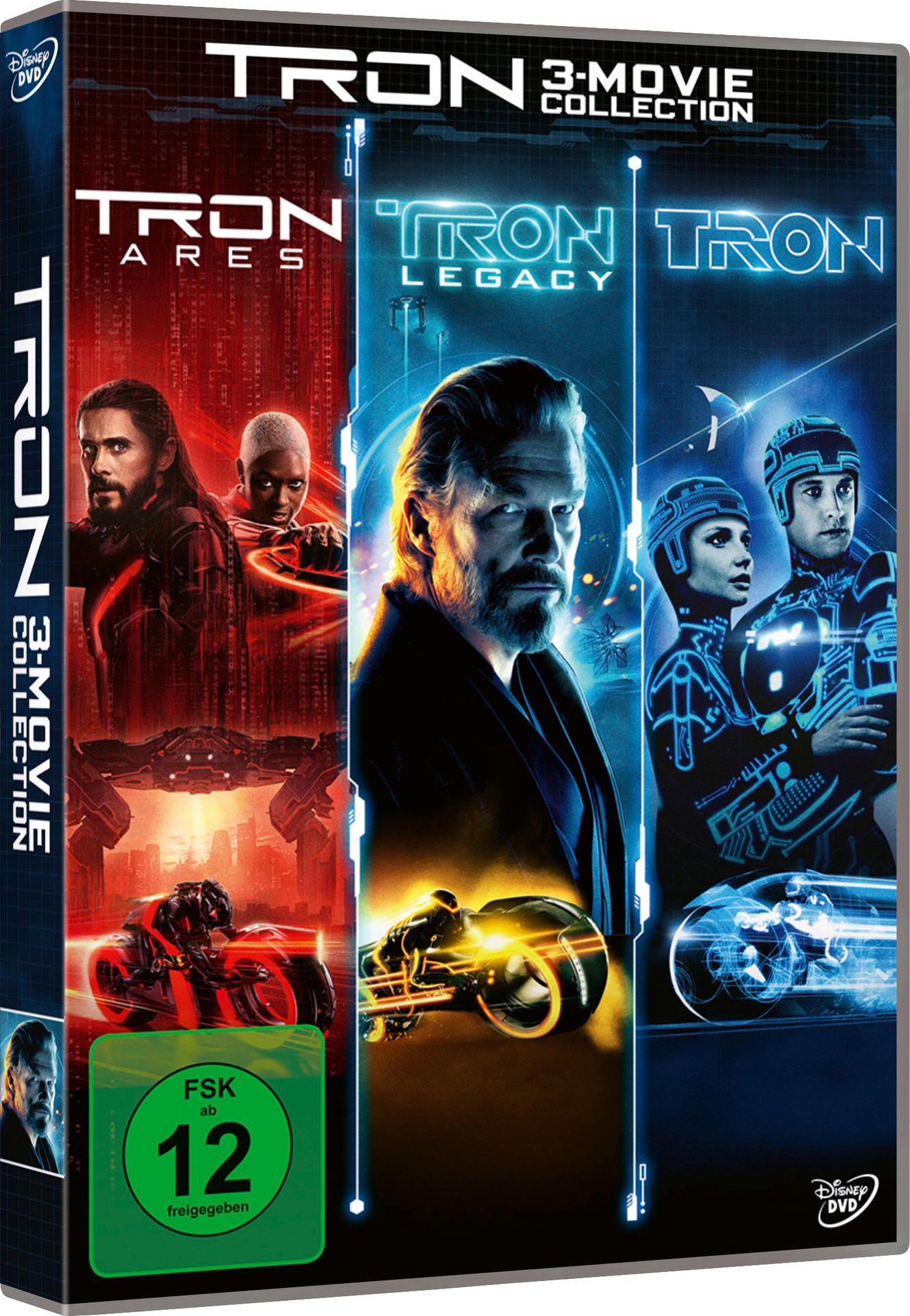 DVD-Hülle mit Tron-Filmen. Sie hat drei Abschnitte mit Charakterporträts und futuristischen Fahrzeugen. Die Hülle ist als 3-Movie Collection gekennzeichnet.
