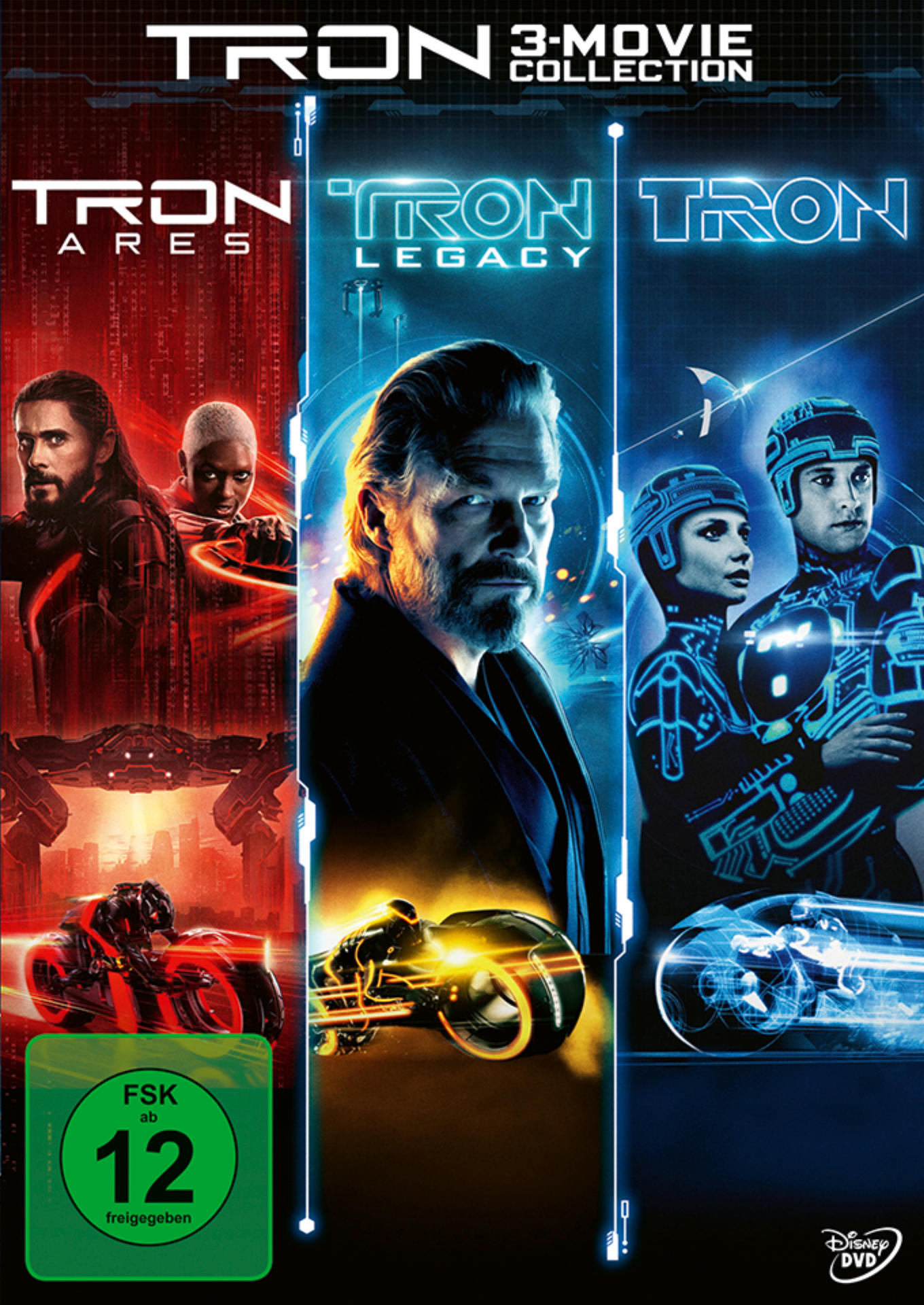 Das Cover der Tron 3-Movie Collection zeigt Charaktere aus jedem Film. Enthält Tron: Ares, Legacy und das Original Tron mit Bewertung.