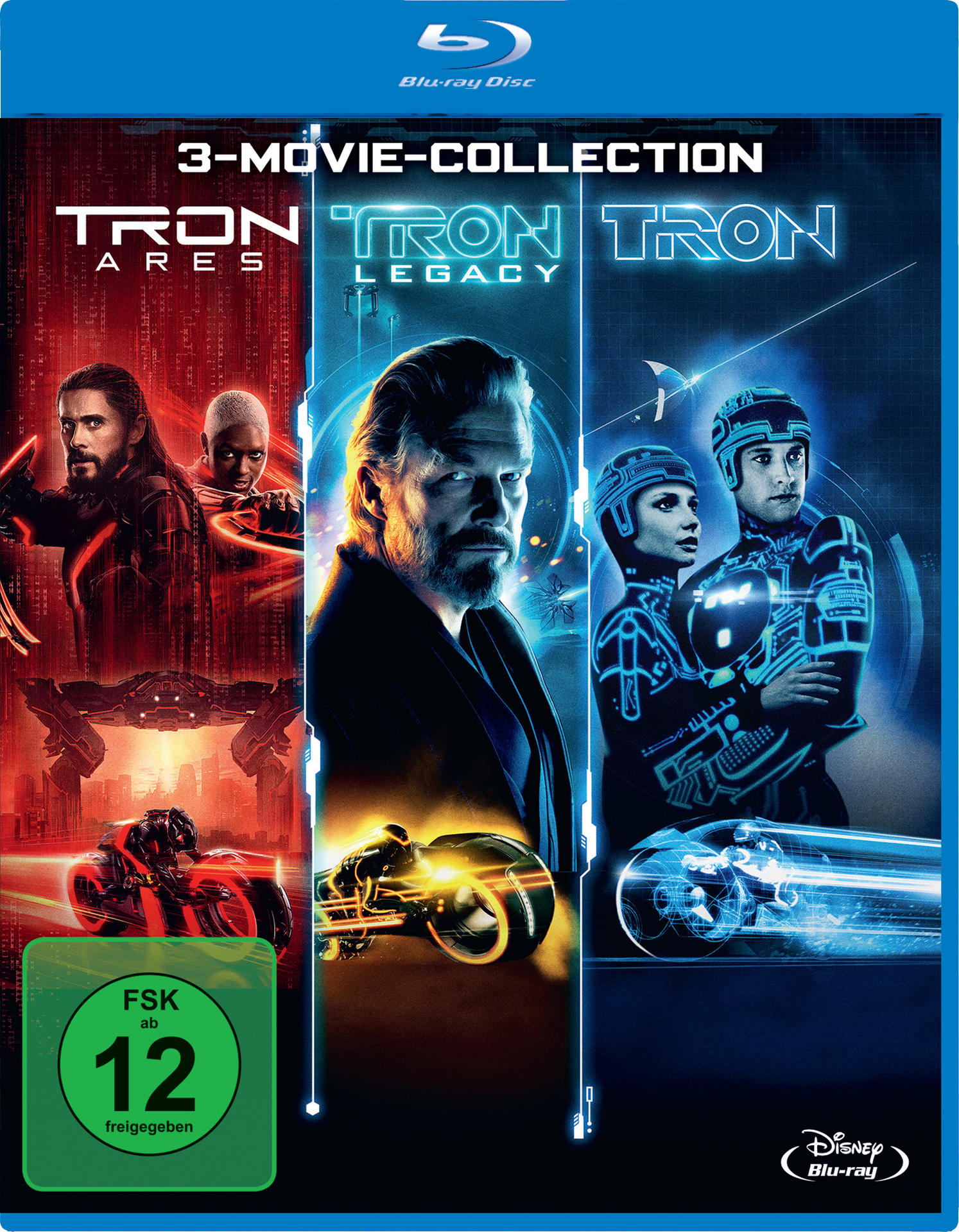 Blu-ray-Disc mit Tron-Filmsammlung. Enthält Charaktere aus Tron: Ares, Legacy und dem Original-Tron. Inklusive FSK 12-Freigabe.