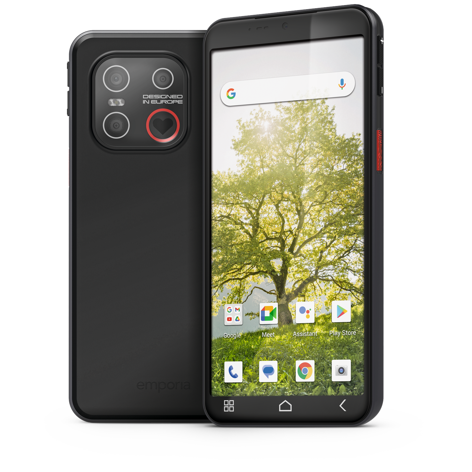 Black smartphone with screen showing a tree. Back has camera lenses and a heart. The phone is labeled 'emporia'.