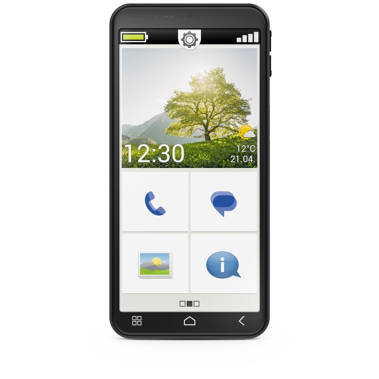 A smartphone displays a tree in a landscape. It shows the time, weather, and apps like phone, message, photos, and info.