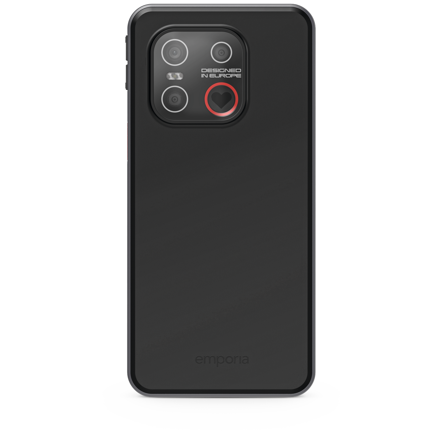 Black phone case with camera lenses, a heart-shaped design, and the word 'emporia' is visible.