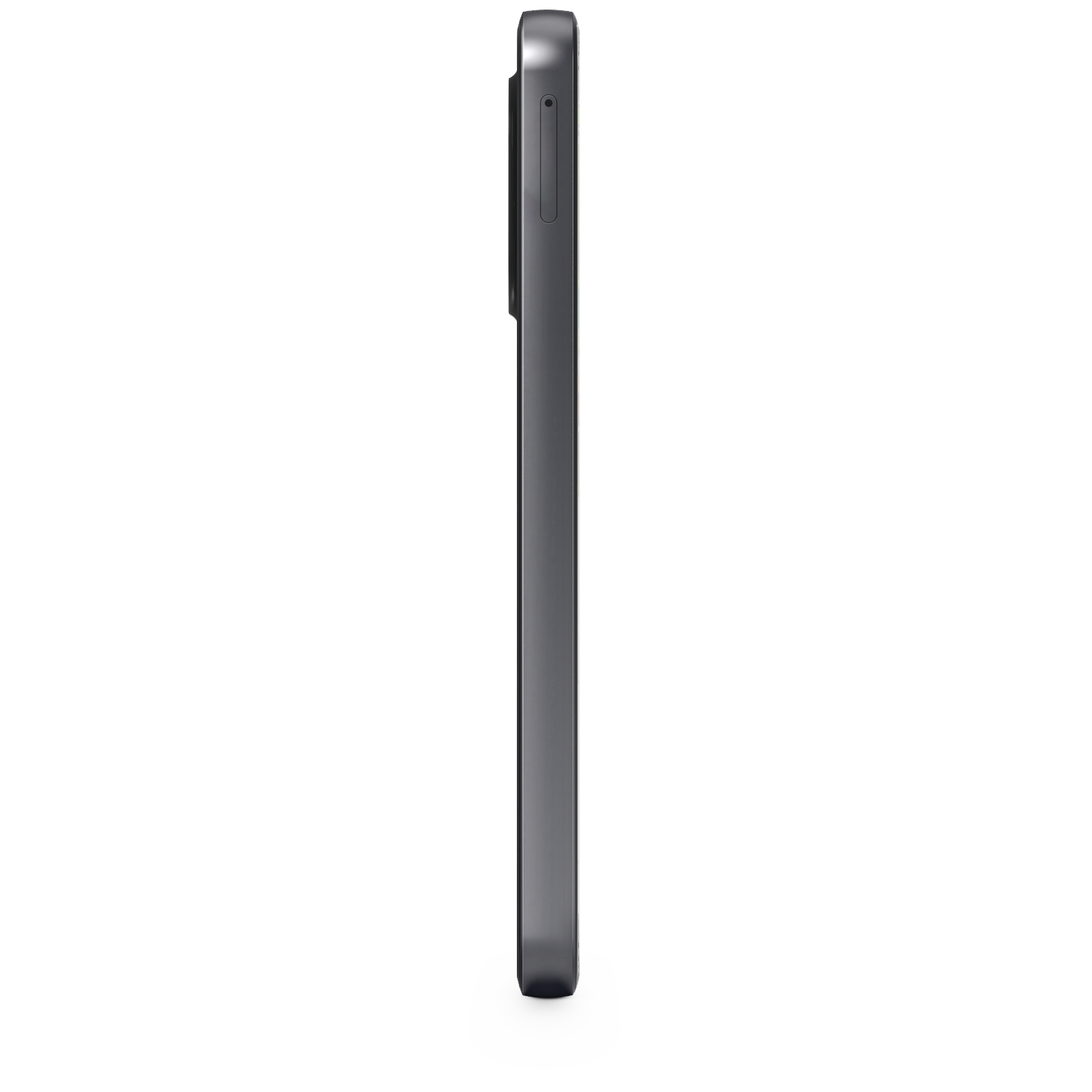 Side view of a dark gray smartphone. The phone is vertical, showing the side with the buttons and SIM card slot. White background.