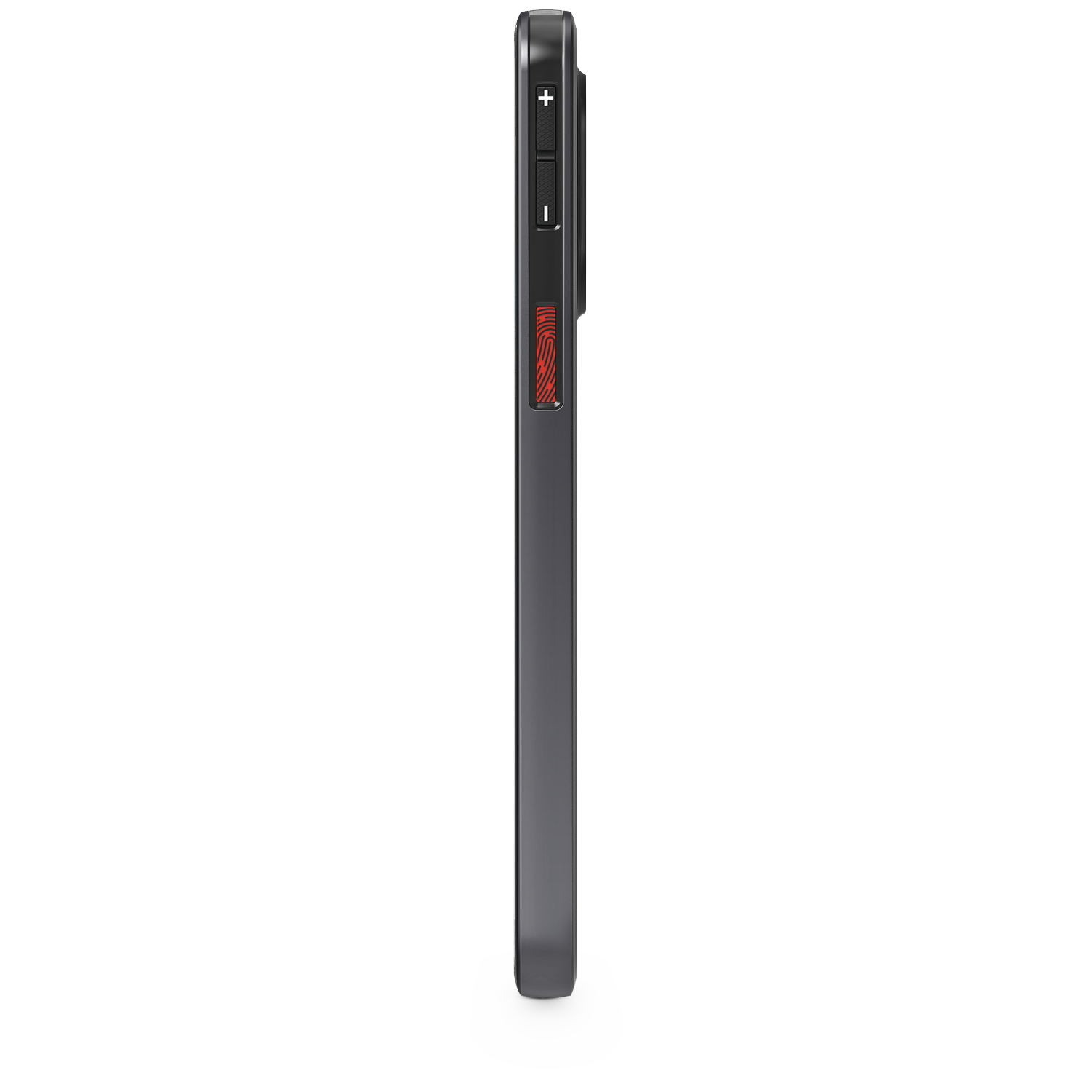 Side view of a dark gray phone case. It has volume buttons, a power button, and a red fingerprint sensor on the side.