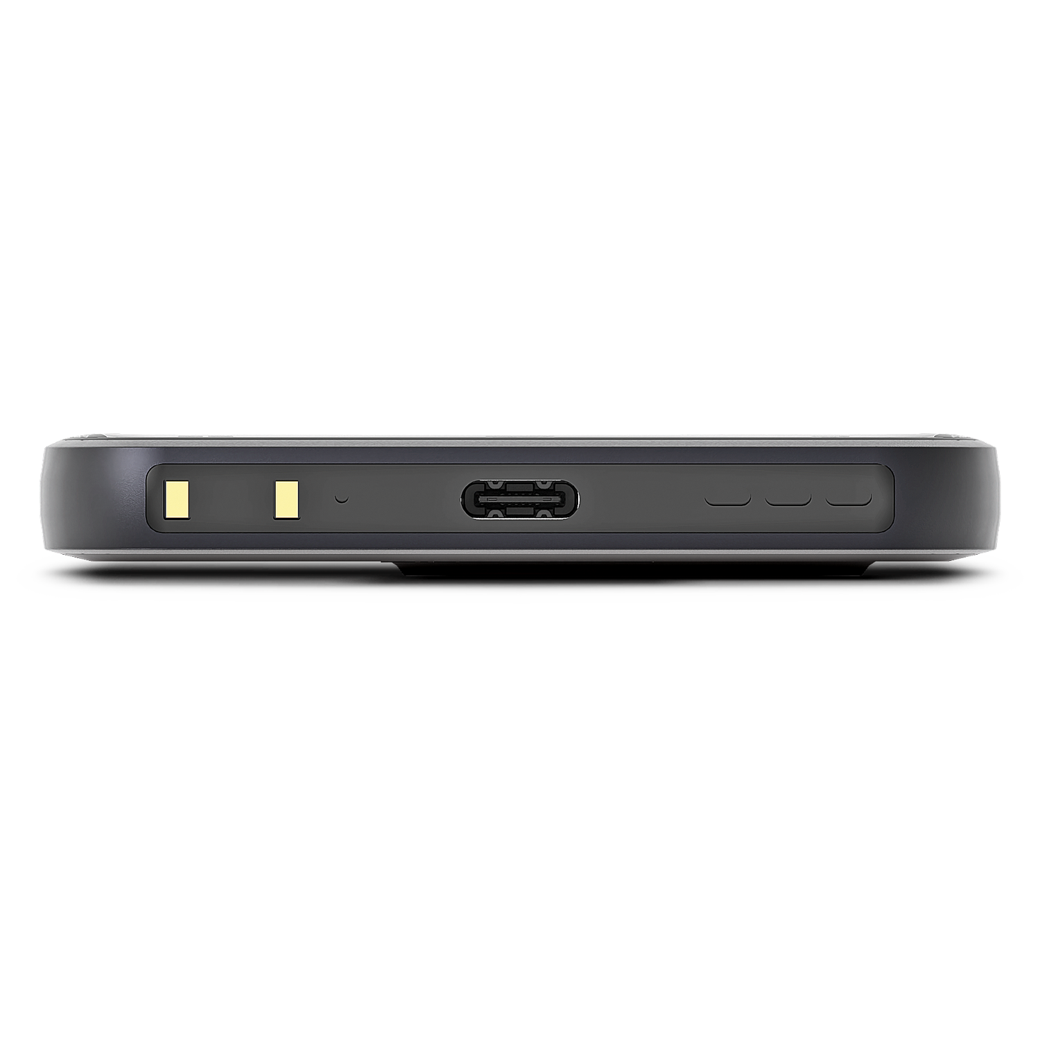 A dark gray device, possibly an external hard drive, is seen from the side. It has a USB port and two yellow lights on the front.