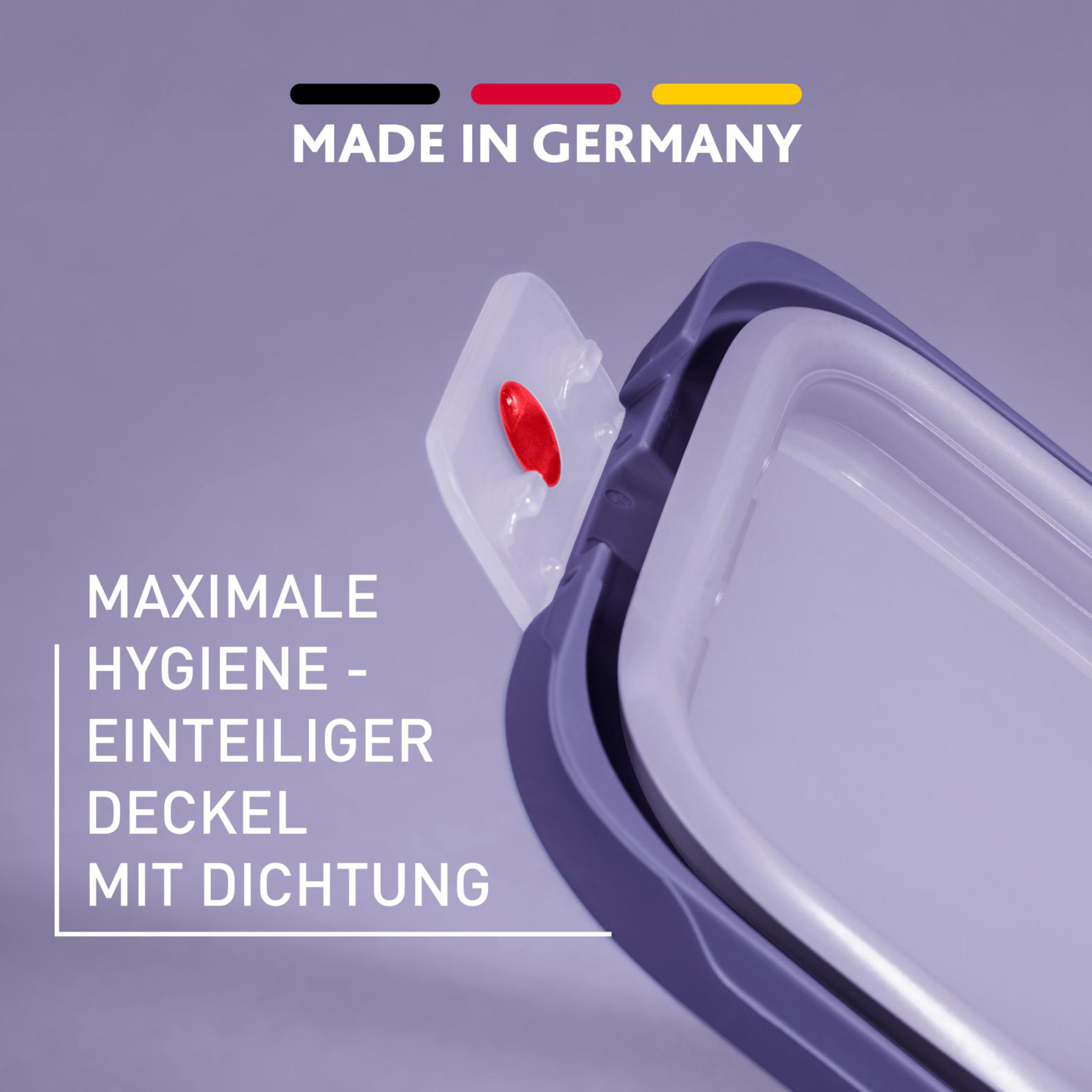 Nahaufnahme eines Behälters. Deckel mit rotem Knopf. Text Made in Germany. Lila Hintergrund.