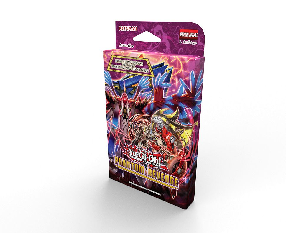 Eine Yu-Gi-Oh!-Phantom-Rache-Trading-Card-Game-Box. Lila, blaue und rote Grafiken. Enthält Text auf Deutsch und Englisch.