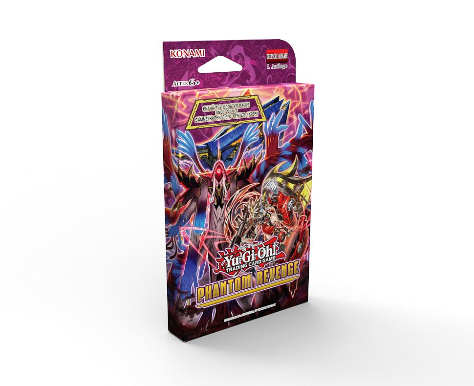 Eine Yu-Gi-Oh!-Phantom-Revenge-Kartenspielbox. Lila, rote und blaue Farben dominieren. Text enthält 'KONAMI' und 'TRADING CARD GAME'.