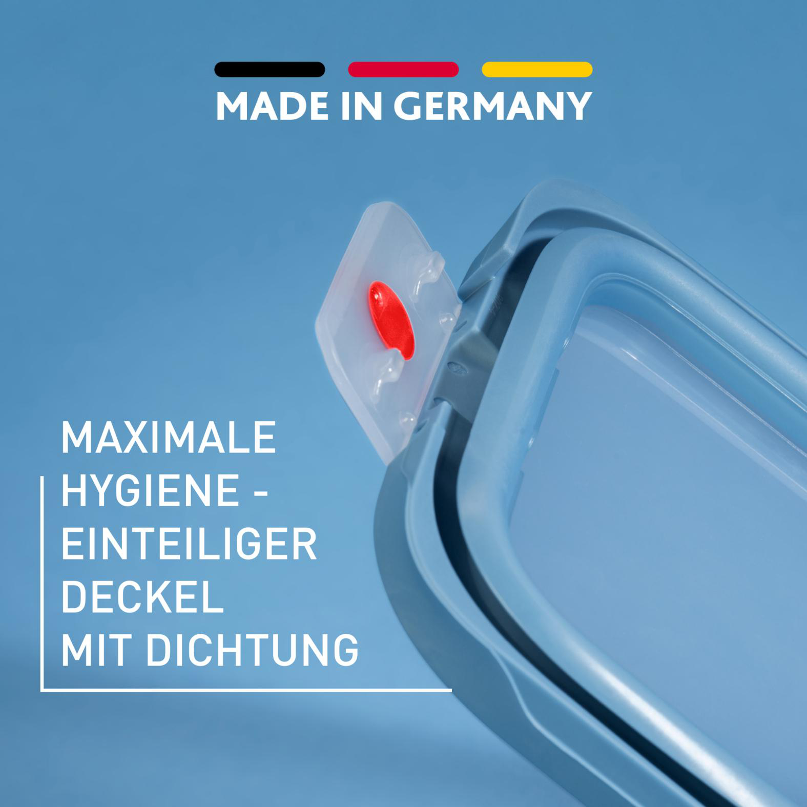 Blauer Behälter mit transparentem Deckel und rotem Knopf. Text: Made in Germany, Max. Hygiene.