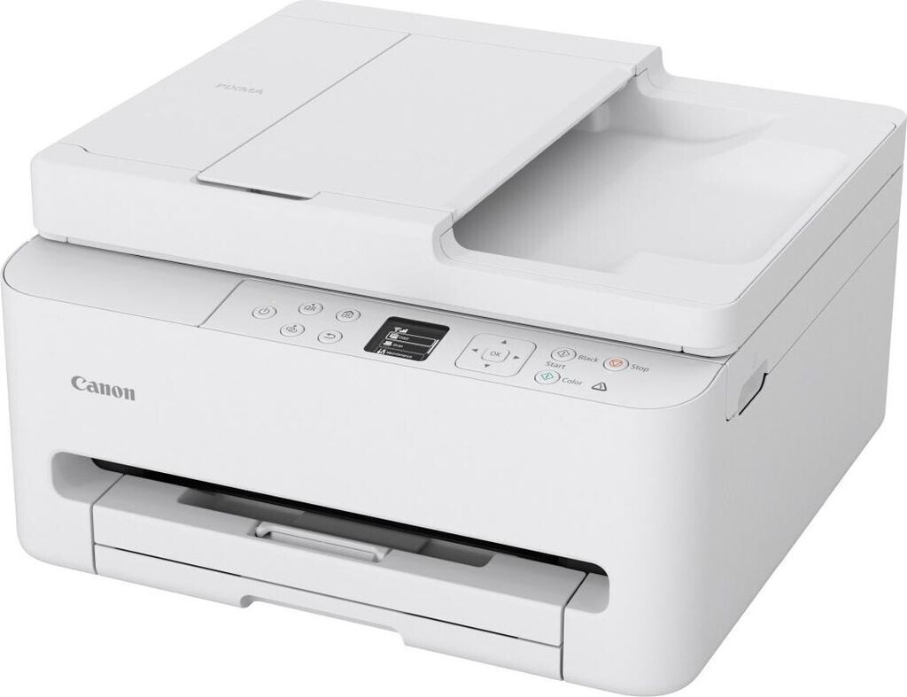Egy fehér Canon Pixma nyomtató, nyitott felső szkennerrel. Kihúzott papírtálcája és vezérlőgombjai vannak.