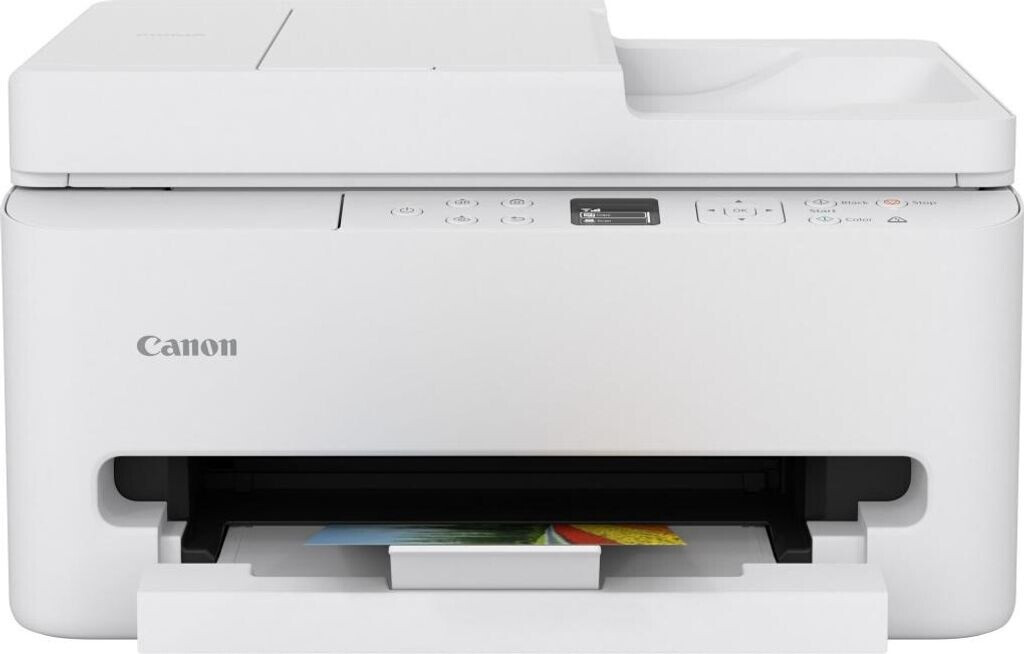 Fehér Canon nyomtató. A papírtálca nyitva, nyomtatott oldalak láthatók. Gombok és kijelző felül.
