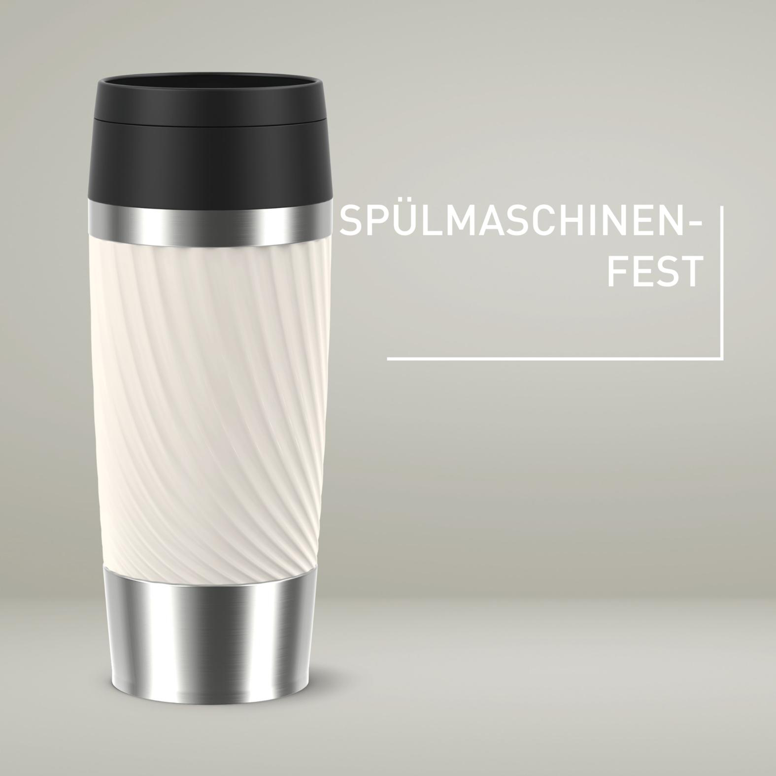 Ein weißer und silberner Reisebecher. Der obere und untere Teil sind silberfarben, die Mitte ist weiß mit Wirbeldesign.