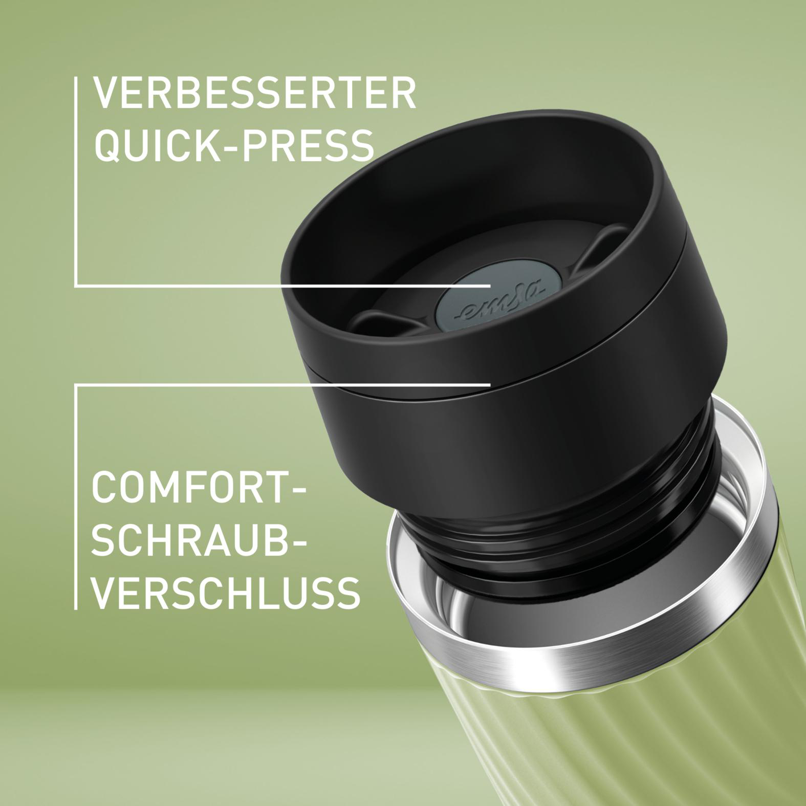 Nahaufnahme eines schwarzen Deckels und einer grünen Flasche. Textetiketten lauten 'Verbesserter Quick-Press' und 'Comfort-Schraub-Verschluss'.